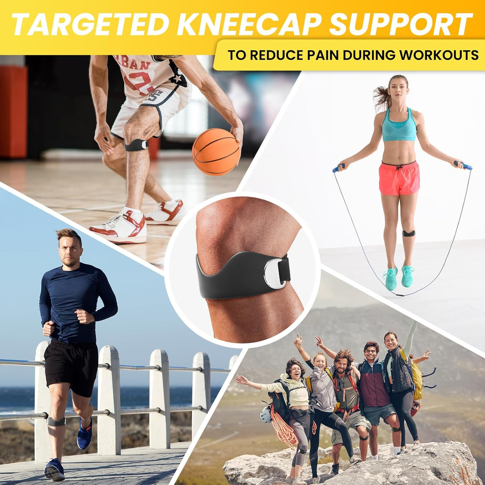 Patellar Tendon Support Strap 2 Pack Adjustable Non-Slip Silicone Knee Brace for