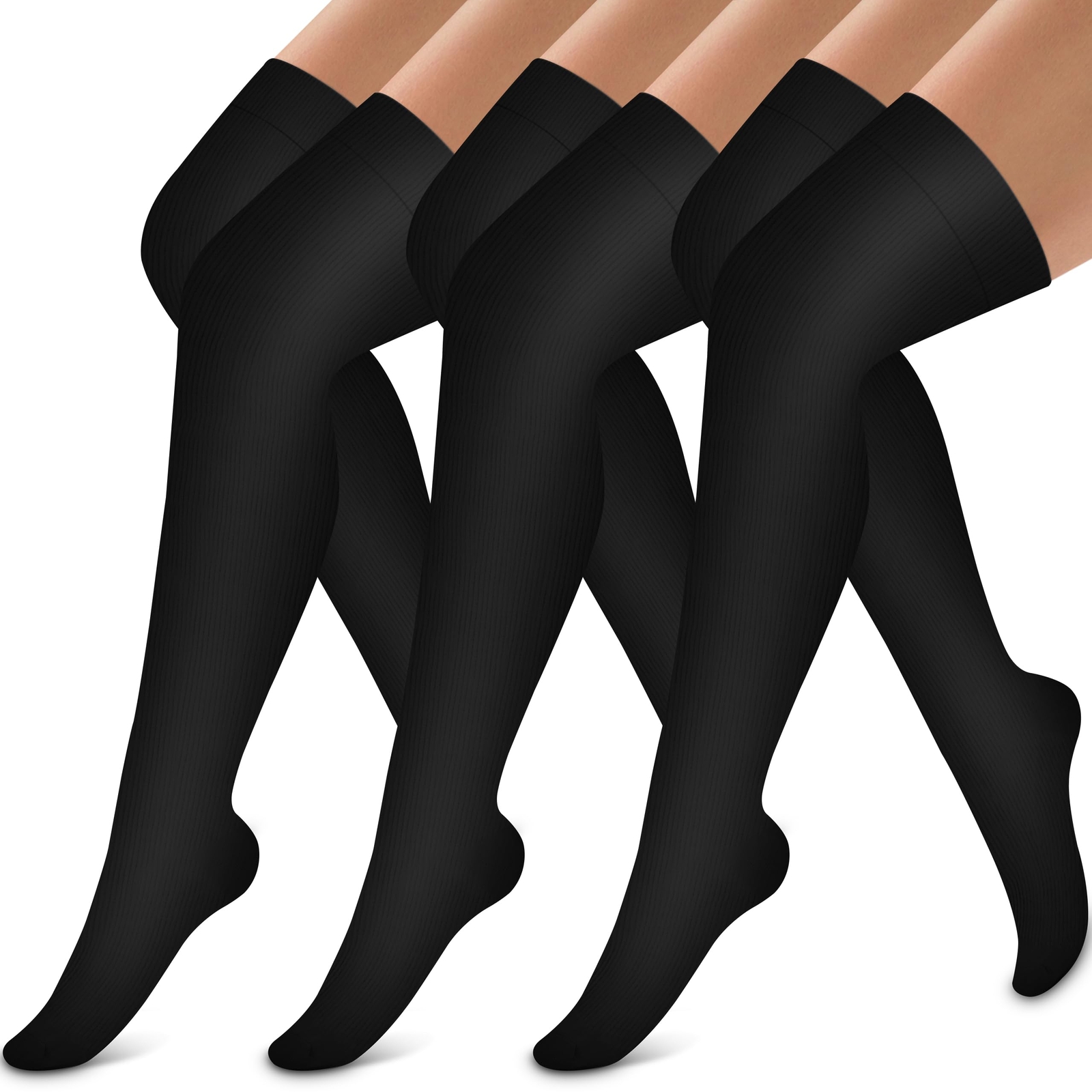 3 Pairs Thigh High Compression Socks for Men & Women, Black, L-XL, Over Knee