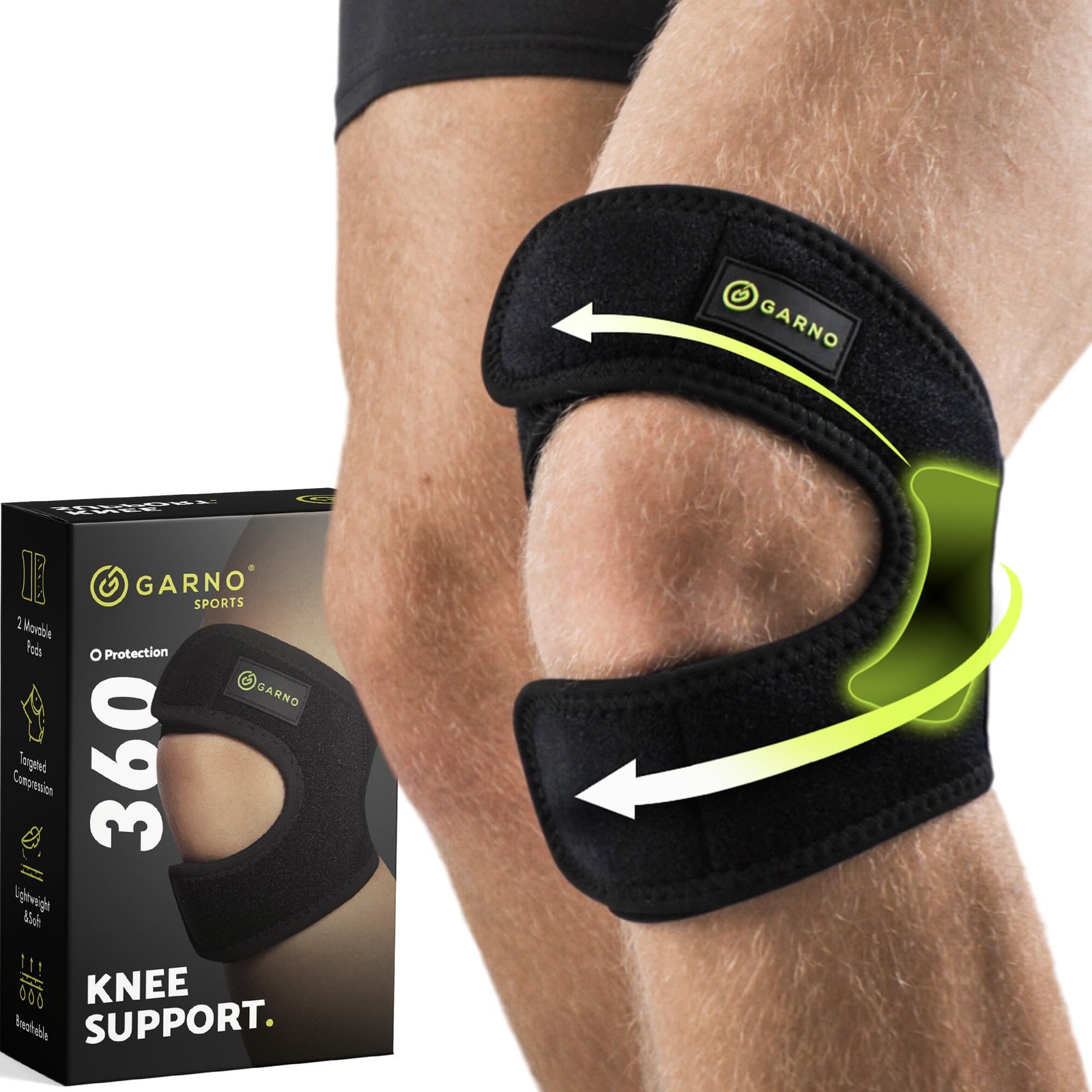 GARNO Knee Brace Plus Size, Dual Patella Tendon Support Strap, Adjustable Neopre