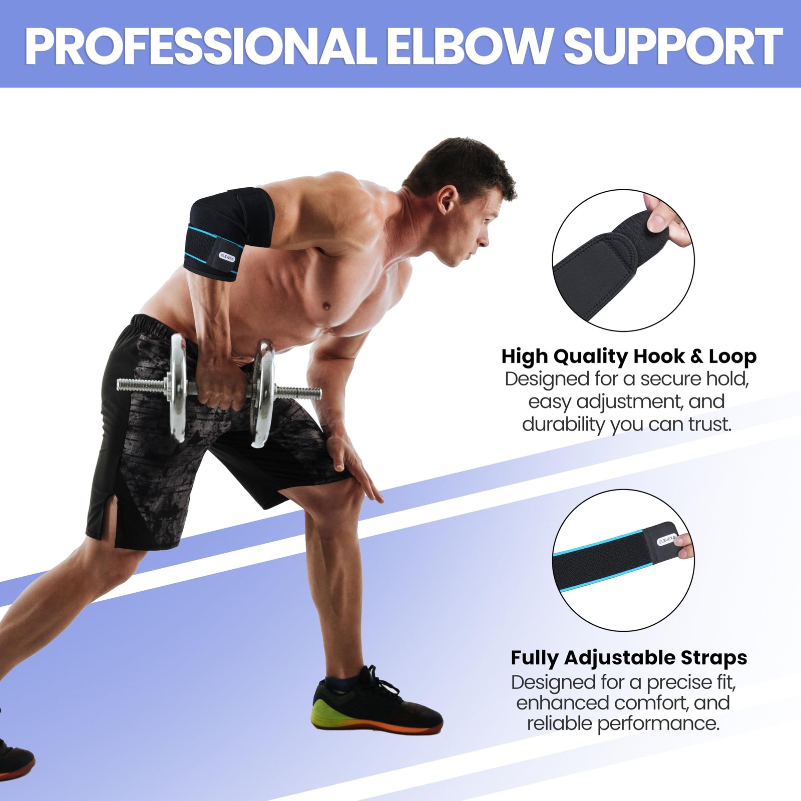 Adjustable Elbow Brace| Double Strap Compression One Size, Black-Blue