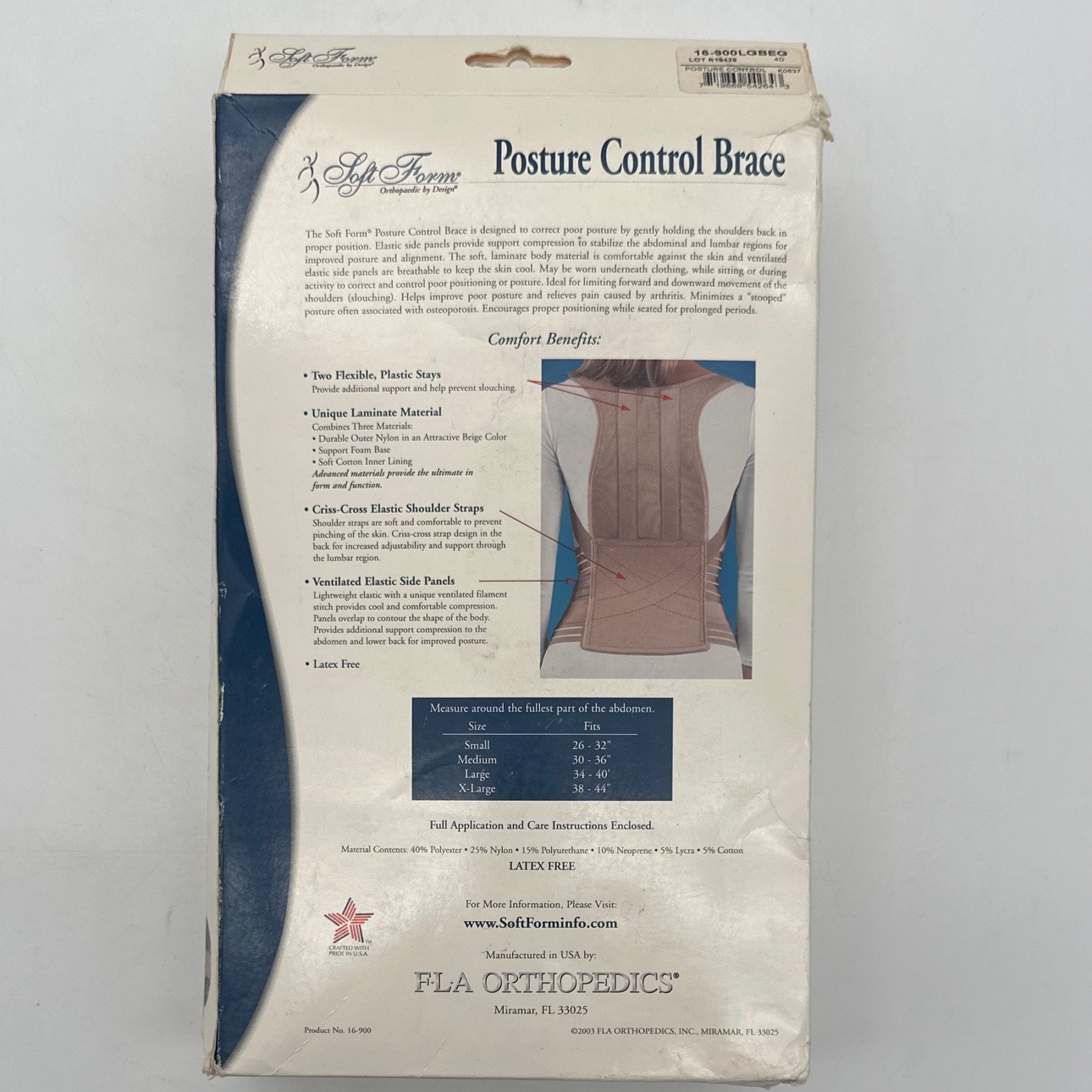 FLA Orthopedics Posture Control Brace Soft Form – Size Large Beige Open Box