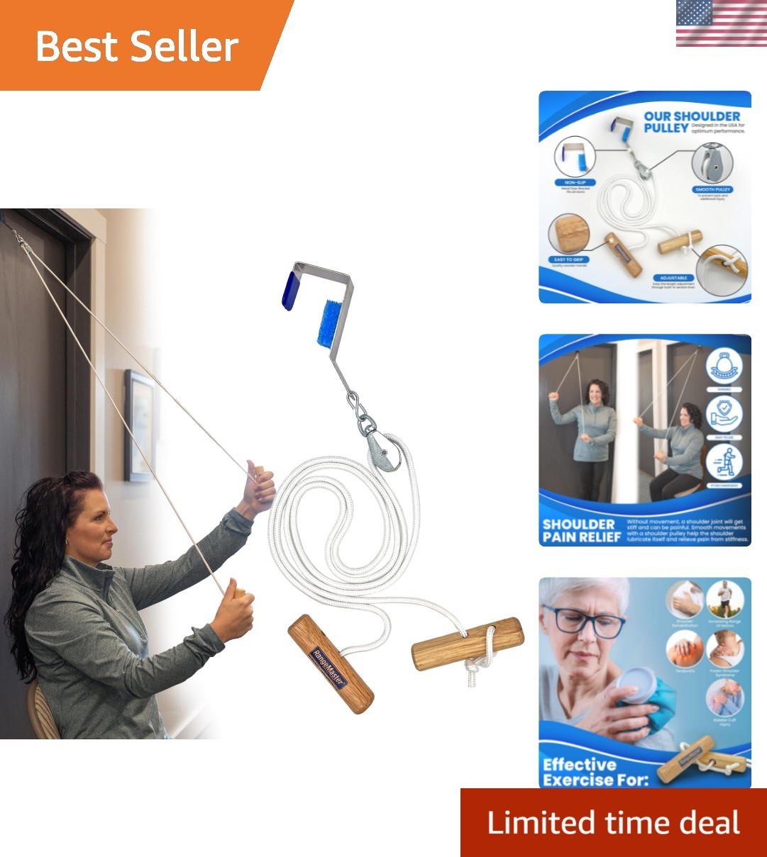 Lightweight Shoulder Pulley with Wooden Handles & Metal Door Bracket for Therapy