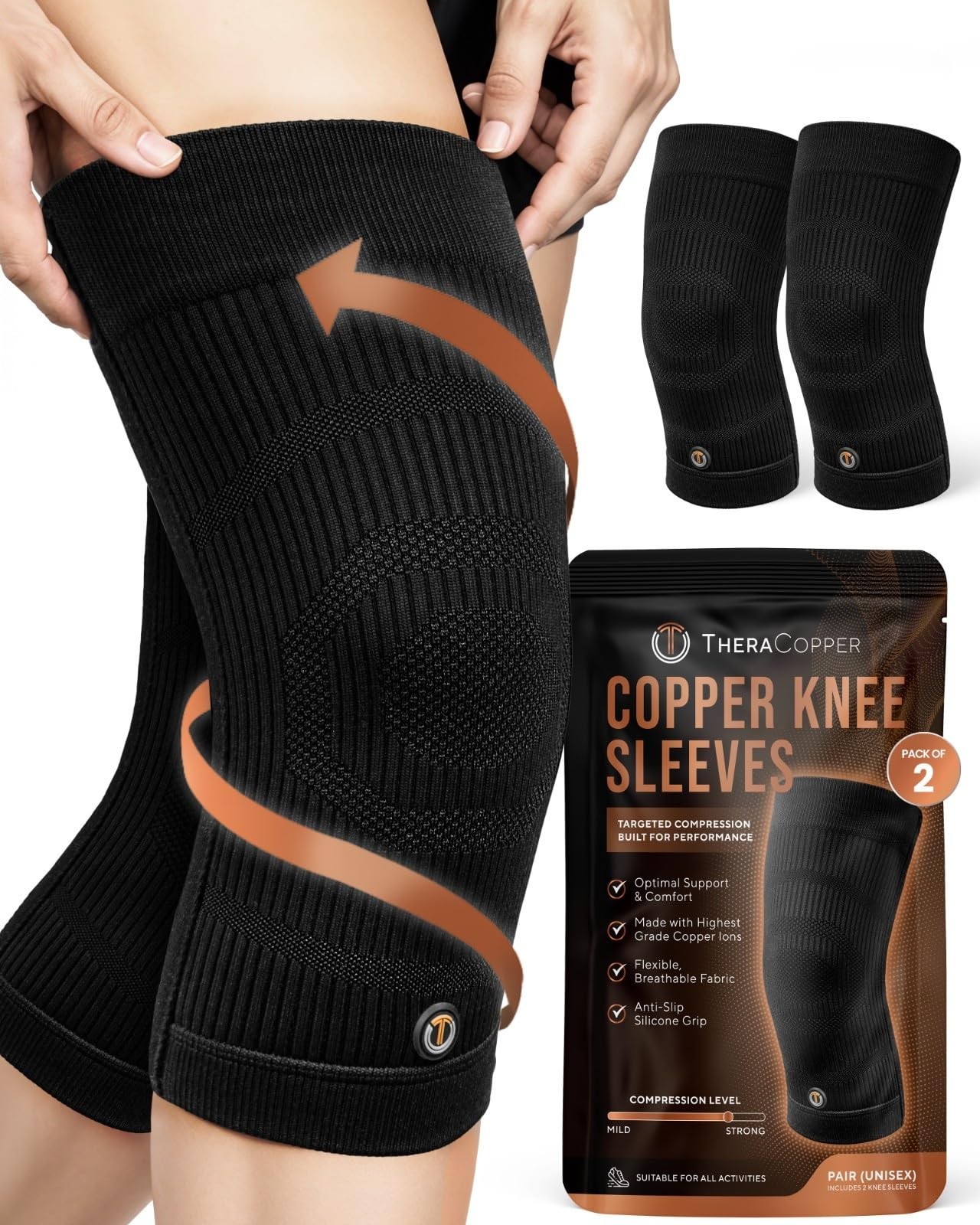 Copper Knee Brace for Men & Women (2 Pack) — Non-Slip Compression Copper Knee…