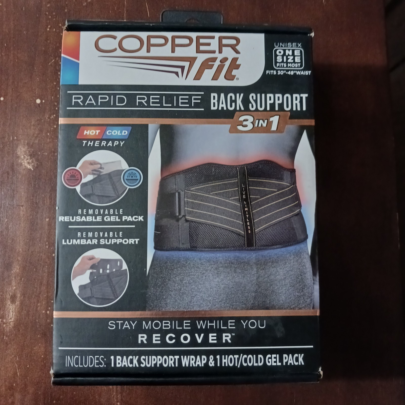 Copper Fit Rapid Relief Back Support Brace 3-n-1 Hot Cold Therapy Lumbar Support