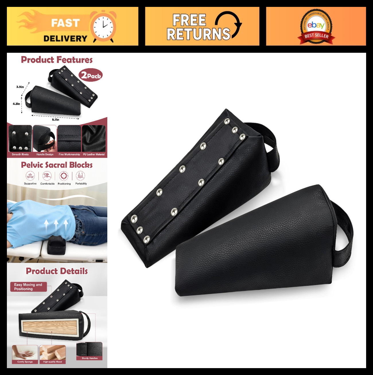 2 PCS Pelvic Positioning Blocks – Sacral Wedge with Non-Slip Bottom & Handle, Th