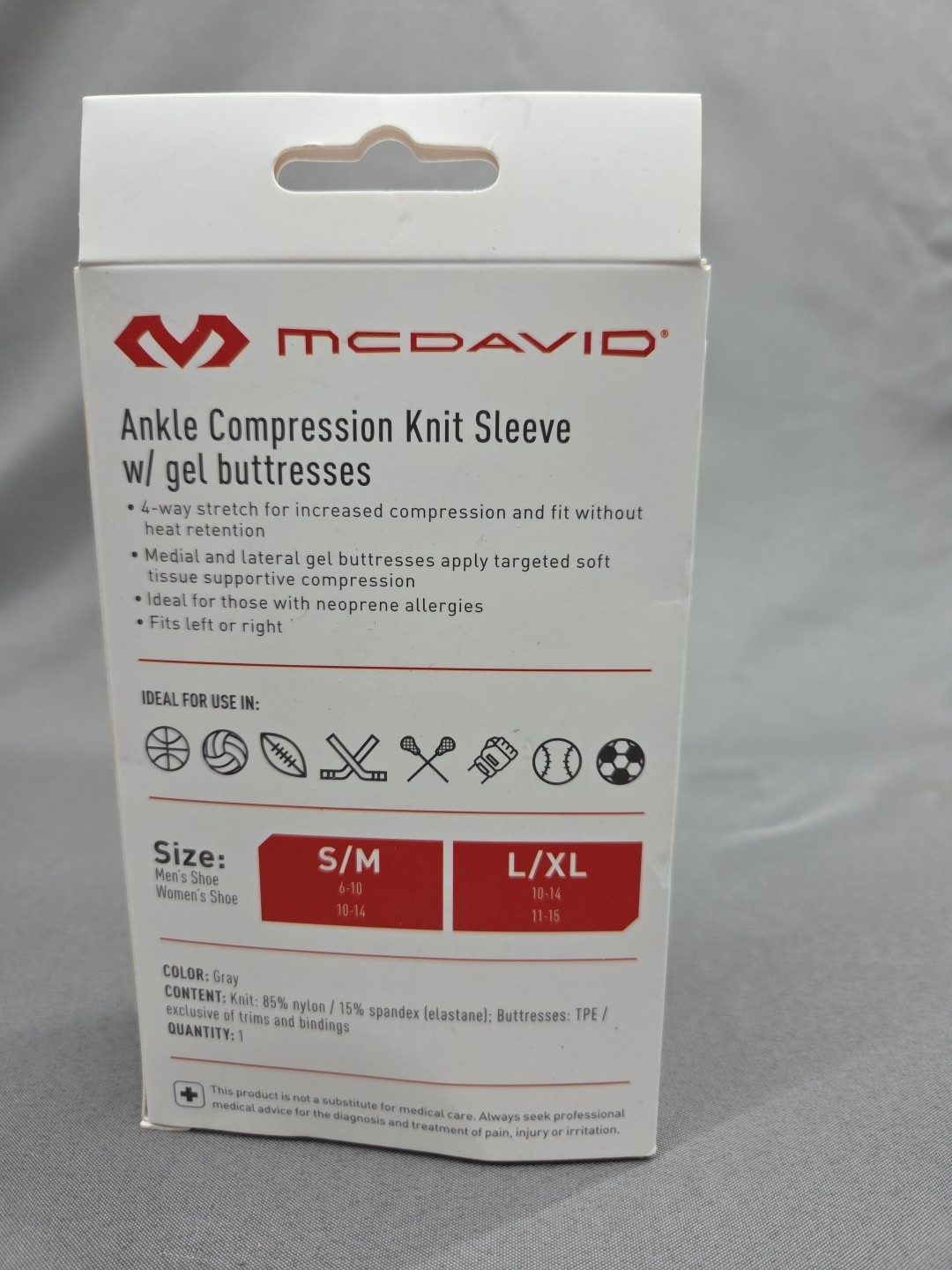 MCDAVID ANKLE COMPRESSION KNIT SLEEVE W/ GEL BUTRESSES, SMALL/MEDIUM – Gray NEW