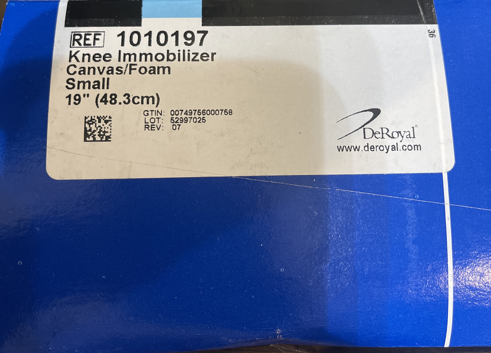 New! DeRoyal Knee Immobilizer 1010197 Canvas/foam Small 19”