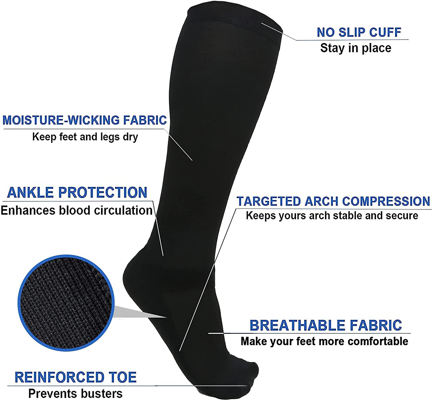 Compression Socks Support Edema Varicose Veins Anti-Fatigue Flight Travel Shin