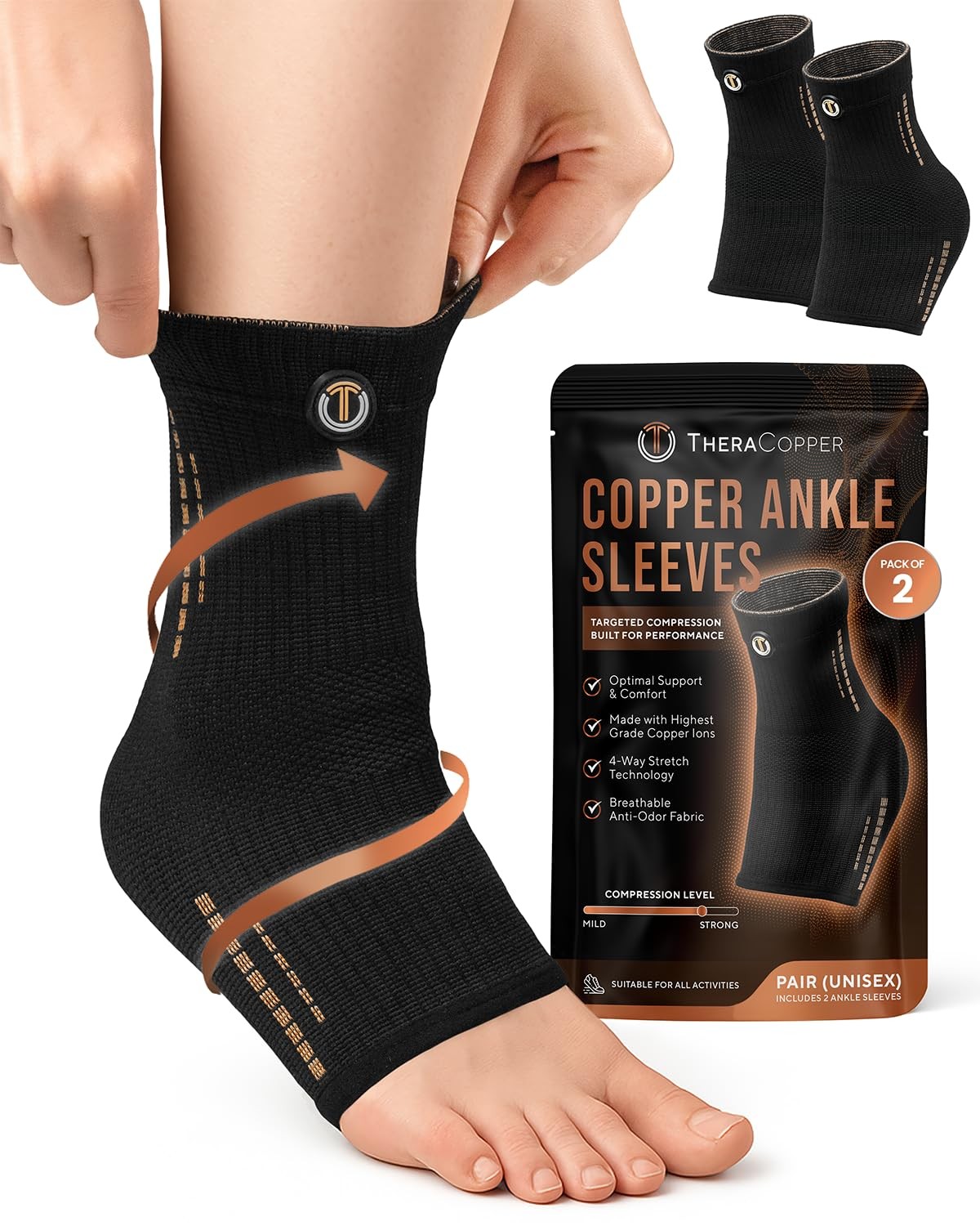 TheraCopper Copper Ankle Brace (2 Pack) Compression Sleeve for Men & Women