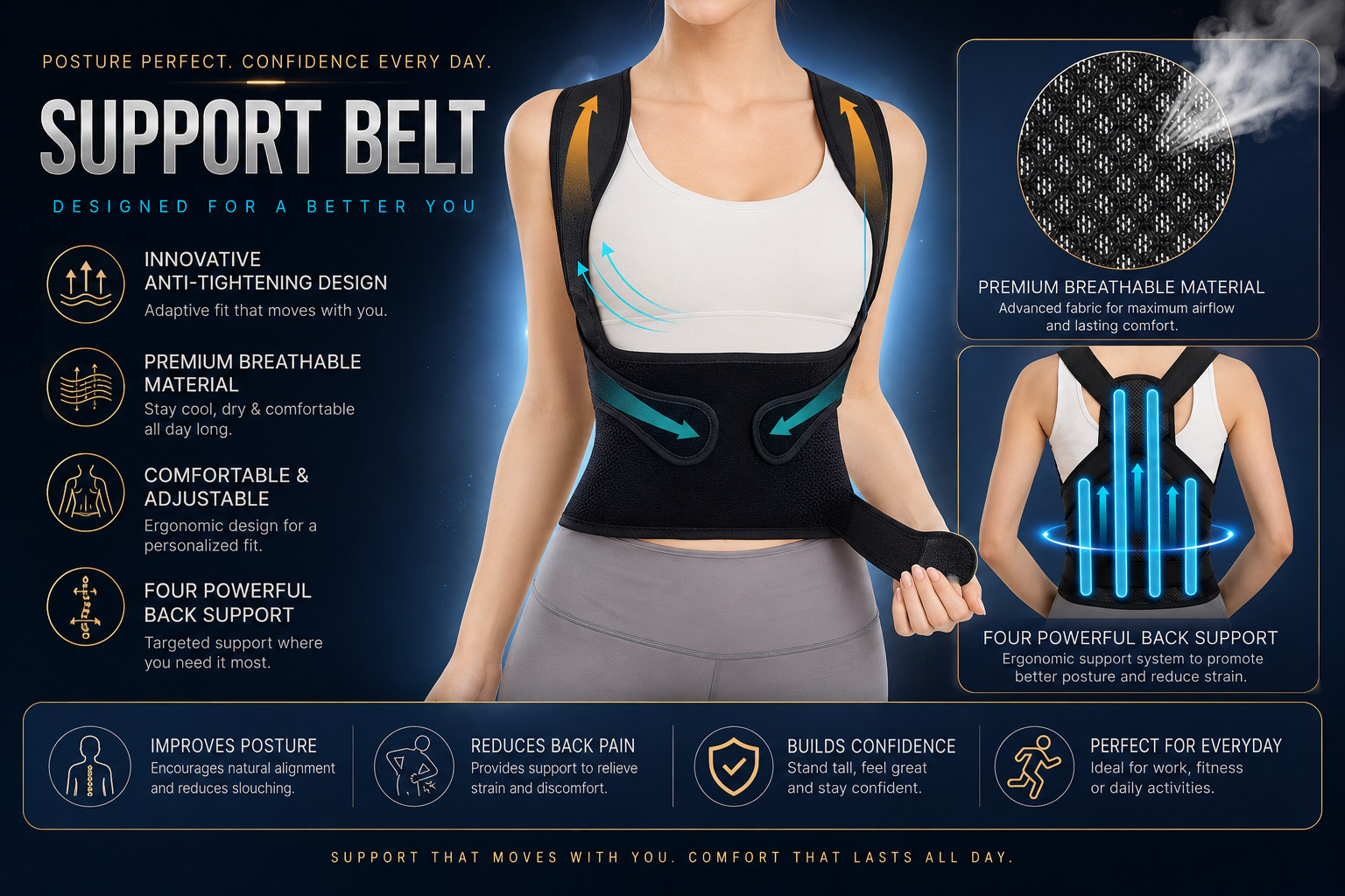 Posture Corrector Support Magnetic Back Shoulder Brace Belt Band Men Women- New