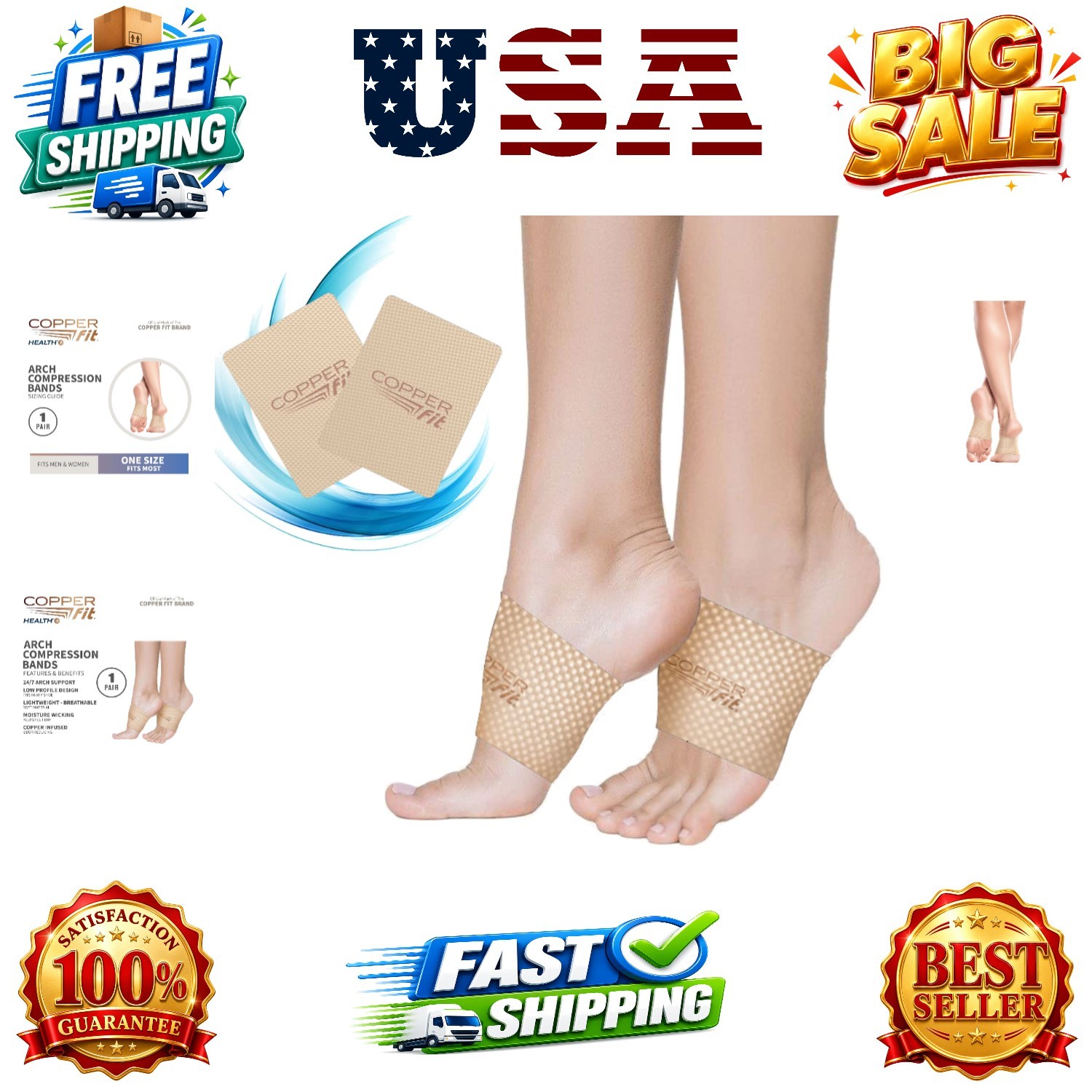 Health Unisex Arch Compression Bands, Beige