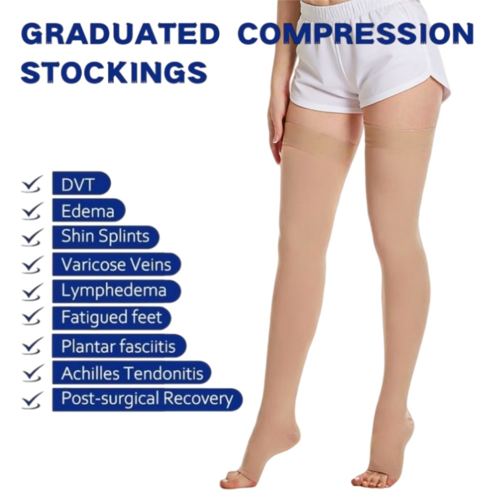 Compression Stockings Thigh High 20-30 mmHg Open Toe, Silicone StayUp Band