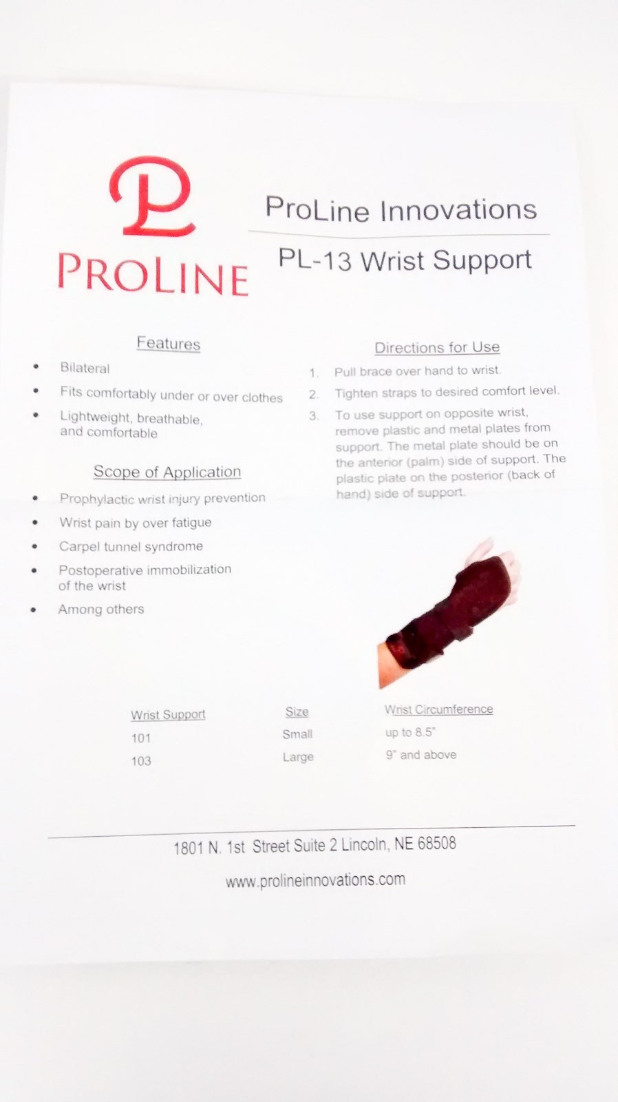Proline Innovations PL-13 Wrist Support Black Large for Wrist 9″ and above NEW