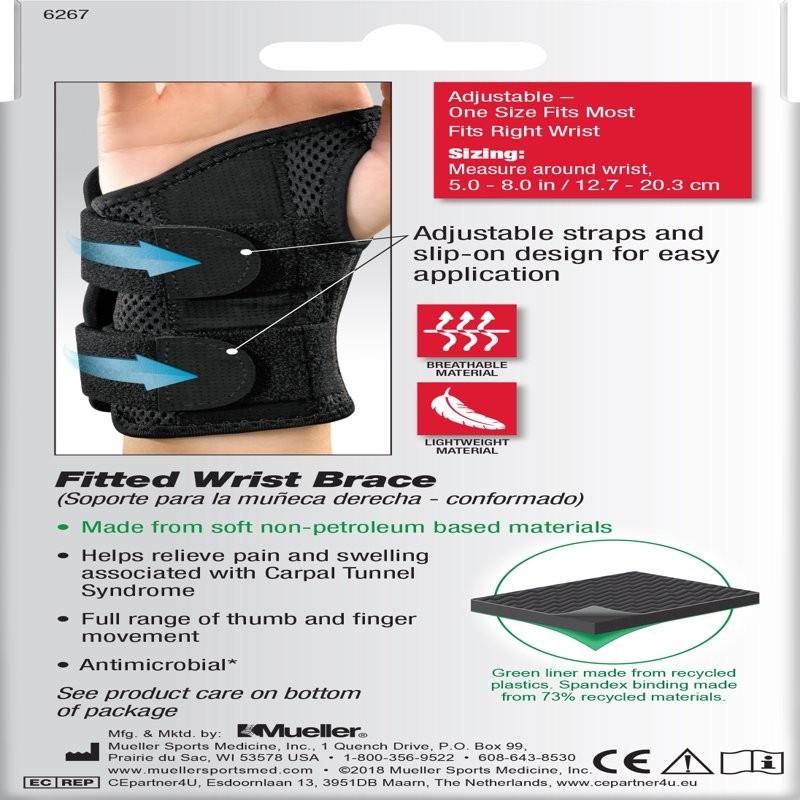 Mueller Green Fitted Wrist Brace, Right Hand, Unisex, One Size Fits Most, Black