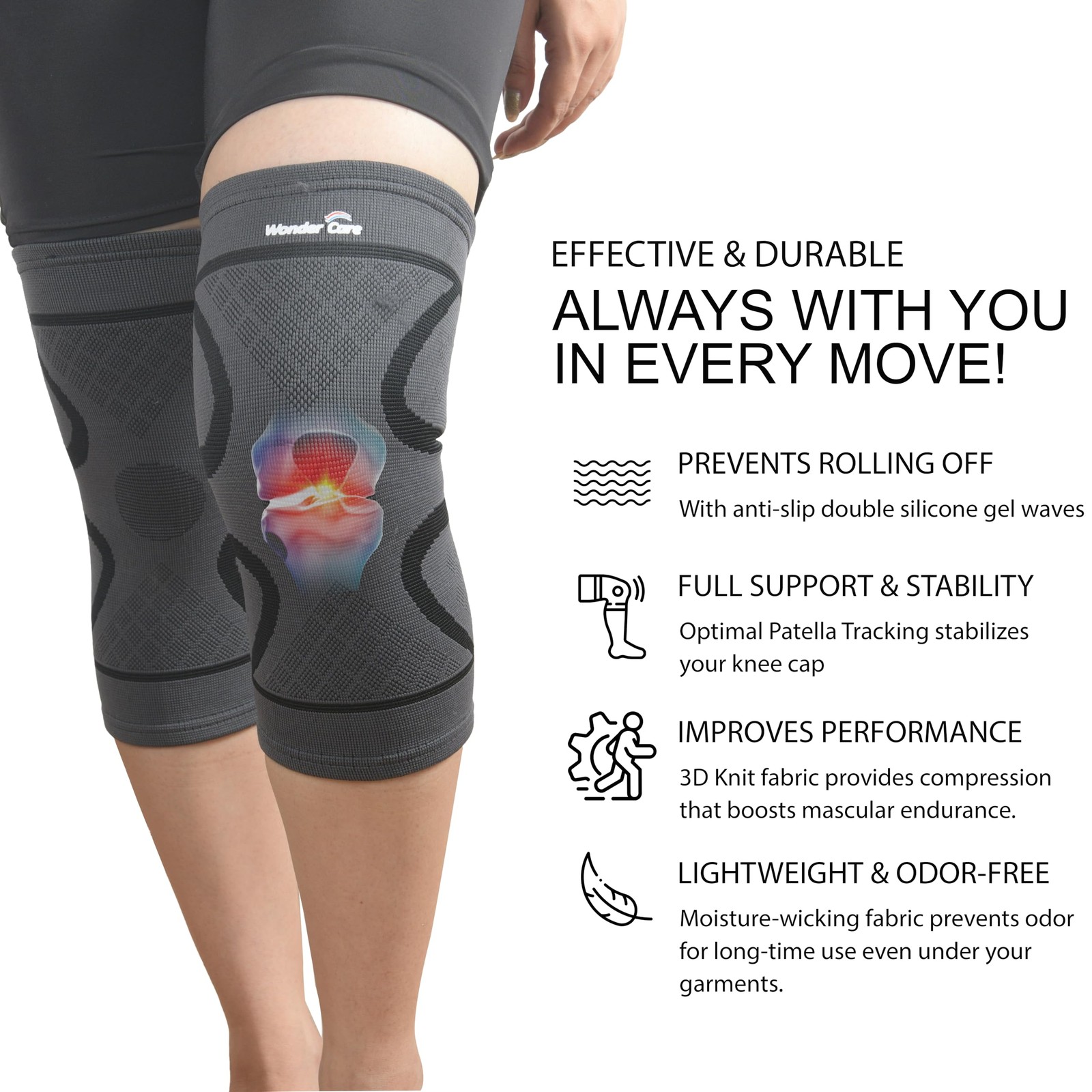 Wonder Care pack of 2 Knee Sleeve Brace Small (12-16)inch, Grey&Black