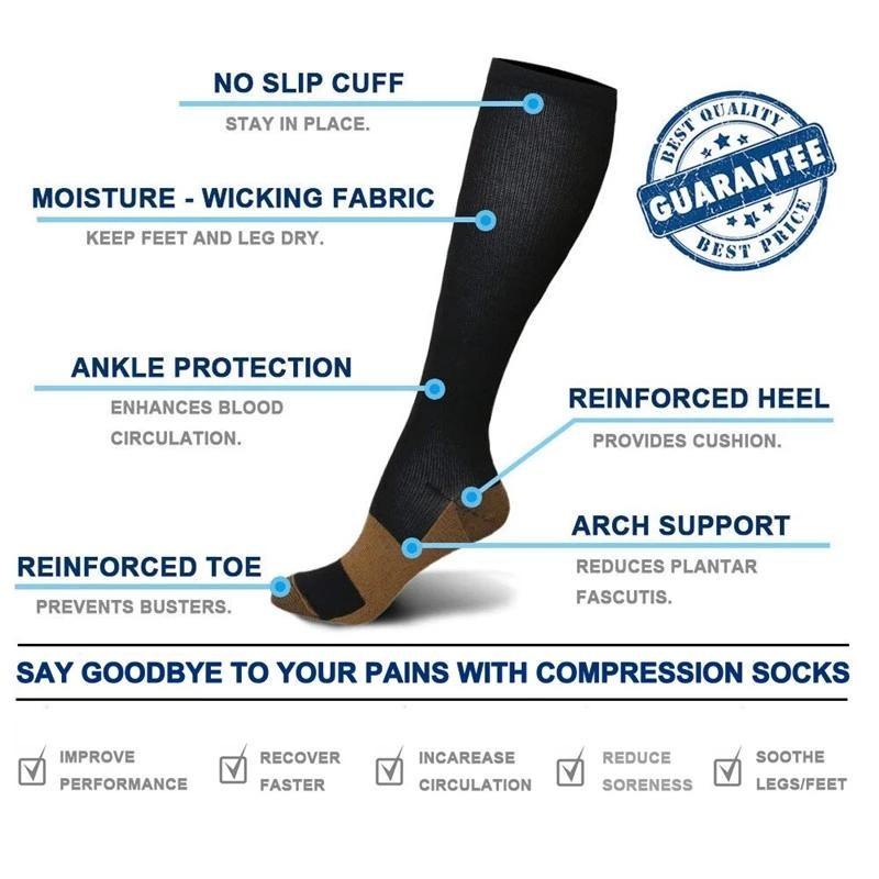 3 Pairs Copper Compression Socks 15-20mmHg Knee High Support Men Women Relief