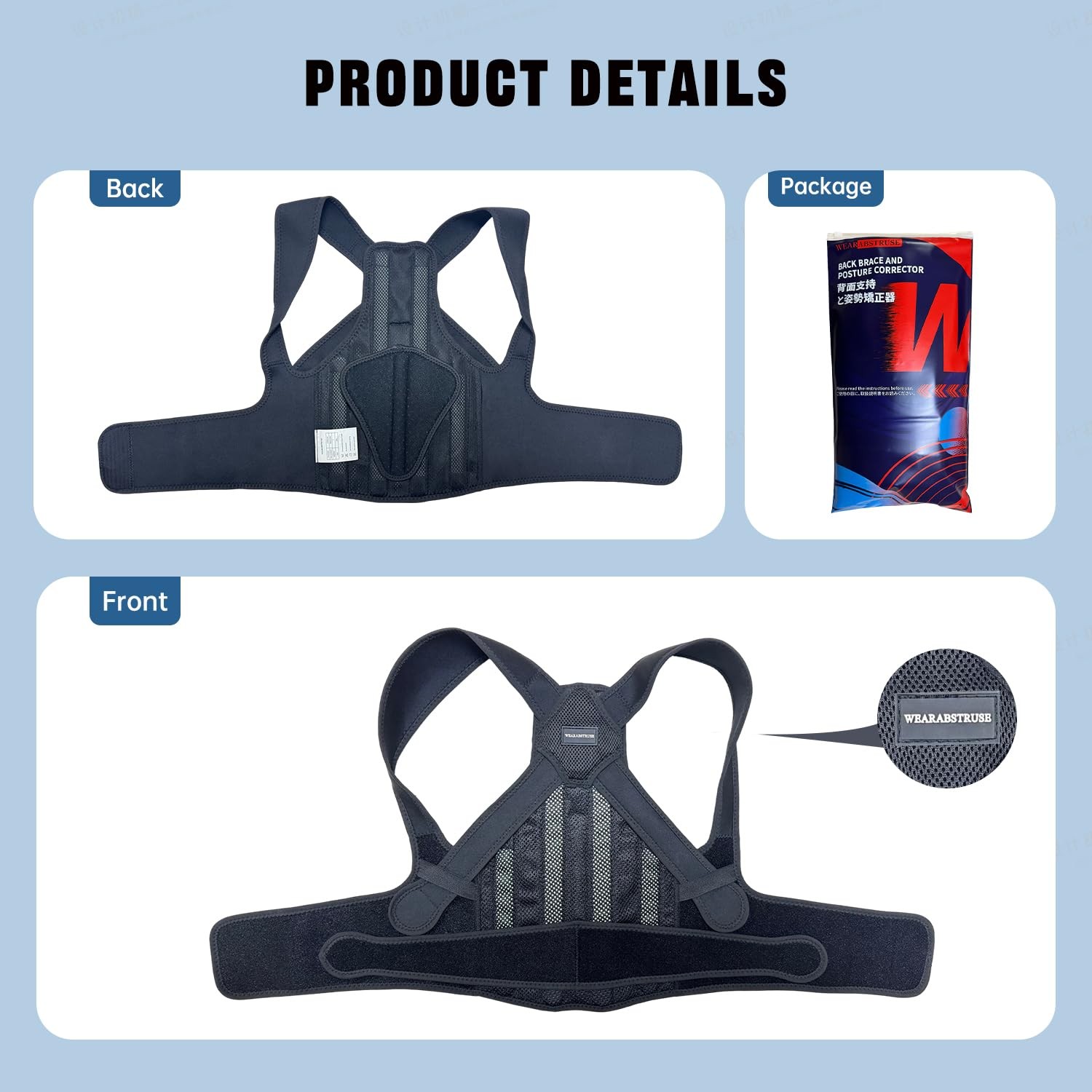 WEARABSTRUSE Back Brace Posture Corrector Medium (Waist: 33～45 Inch), Black