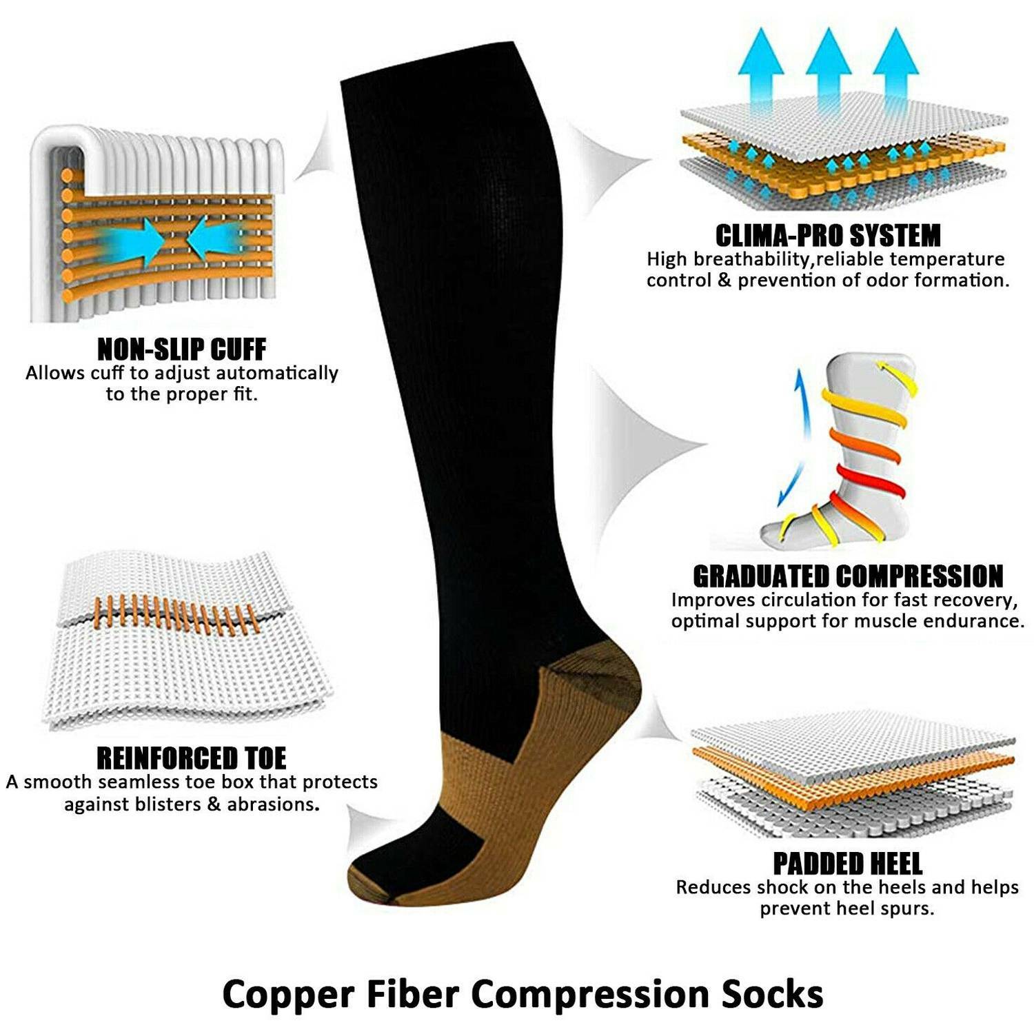 Compression Socks Copper Medical Stockings Travel Running Anti Fatigue 20-30mmHg