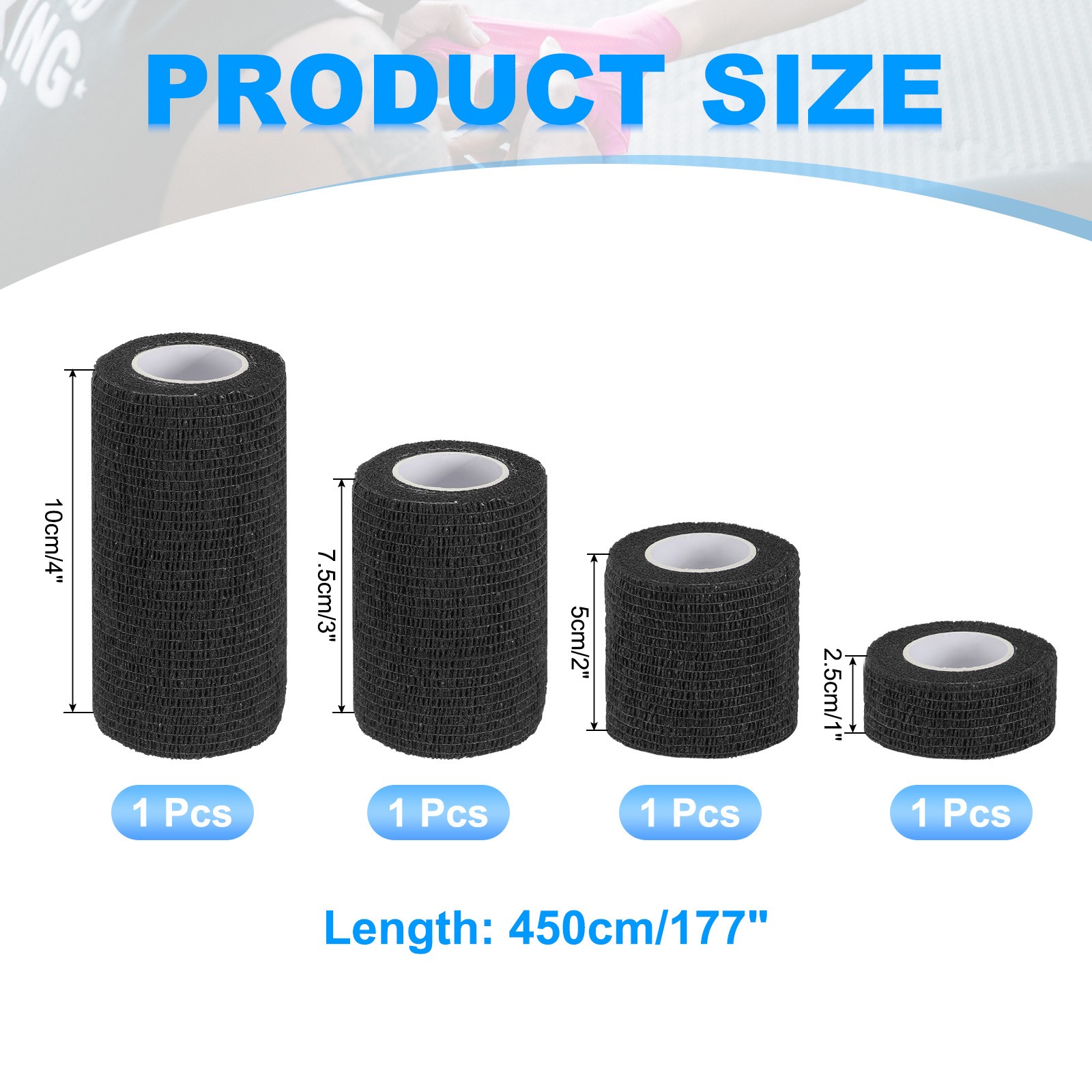 1″/2″/3″/4″ 4 Pcs 5 Yard Self Adhesive Bandage Wrap Self Tape Black