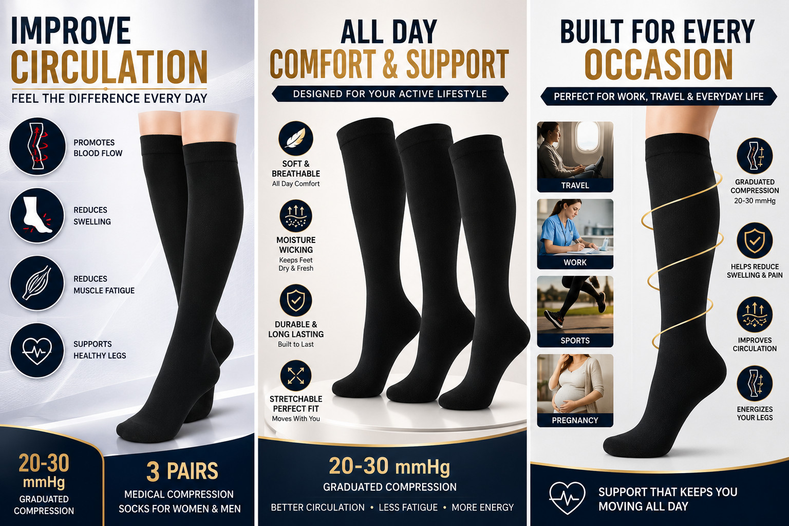 3Pairs Compression Socks Medical Support Stockings 20-30mmHg Men Women