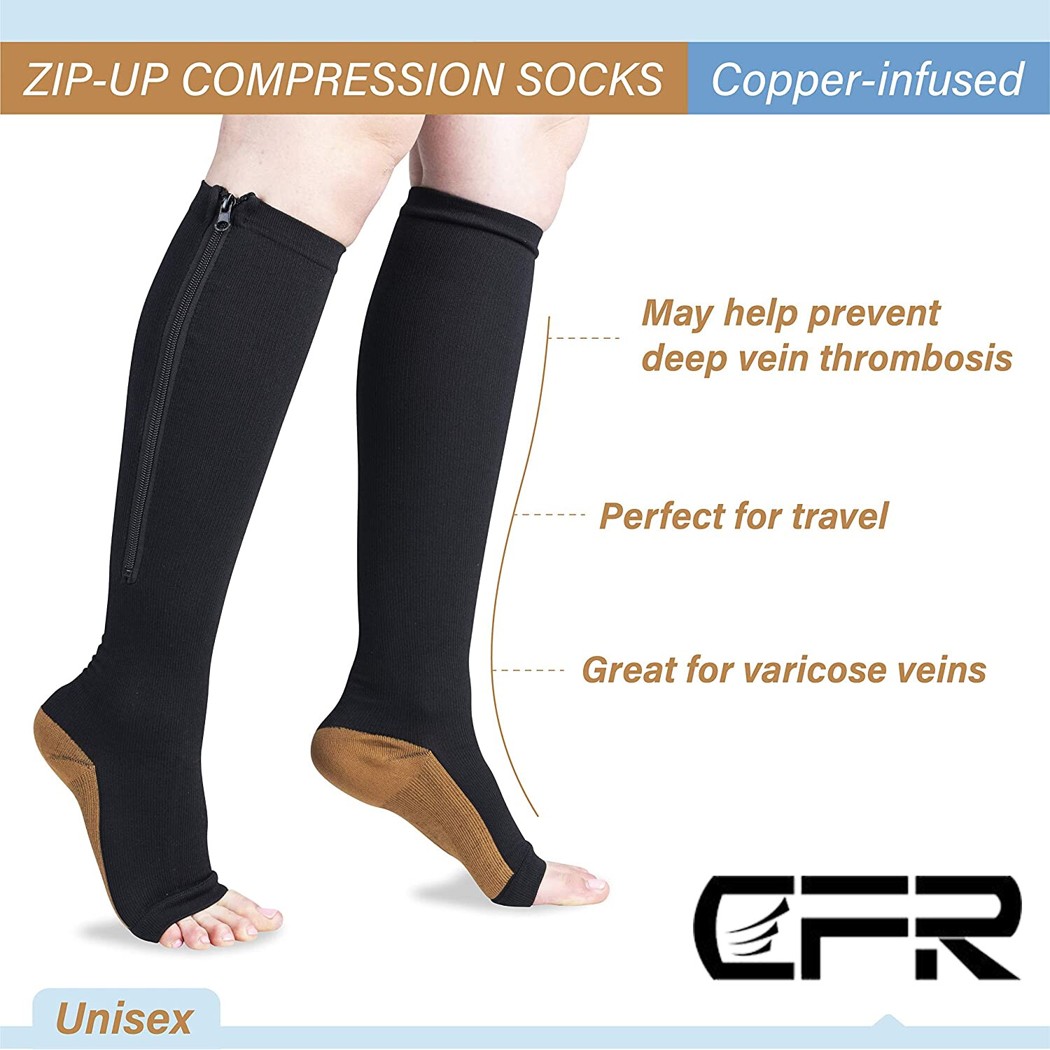 Copper Compression Socks Calf Foot Sleeve Support Zipper Pain Relief – Men Women