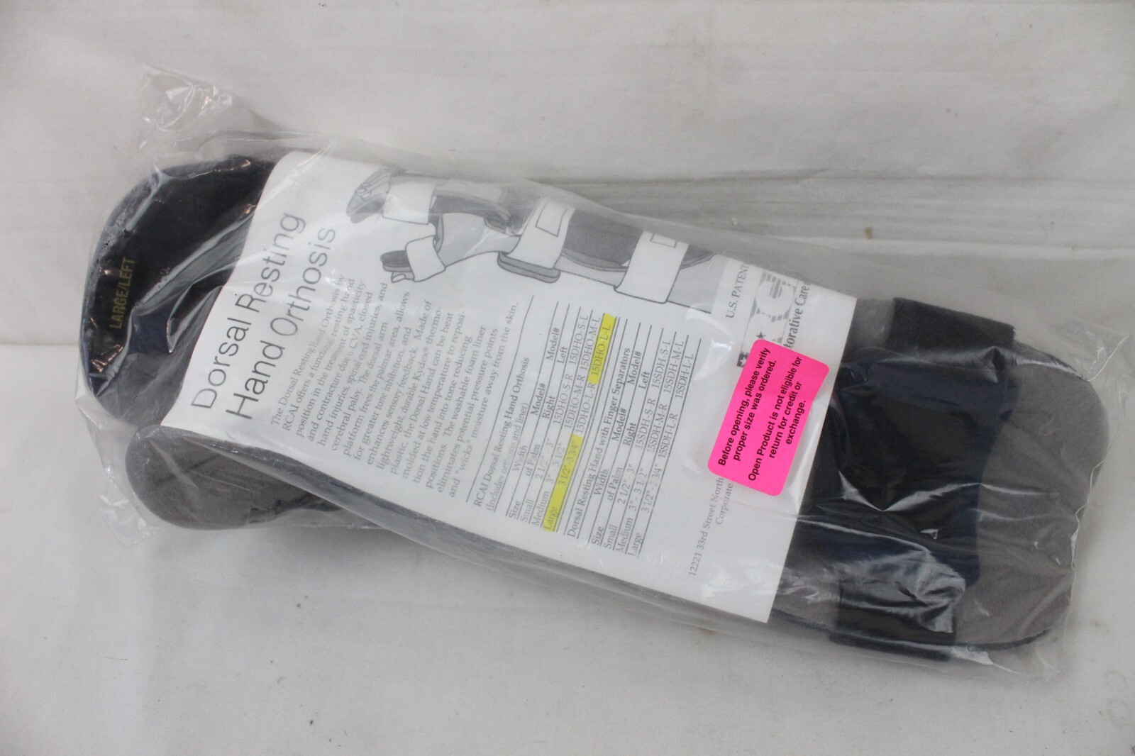 New RCAI Dorsal Resting Hand Orthosis Large Left 15DHO-L-L Brace