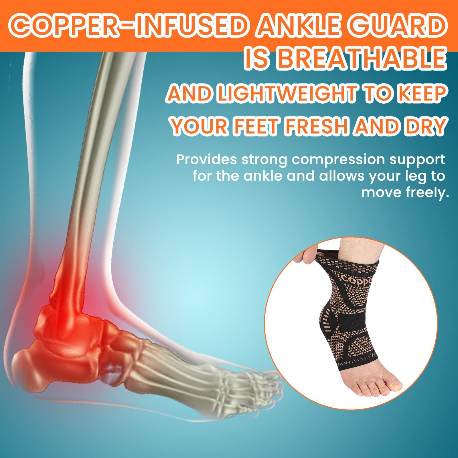 Copper Ankle Brace Support Compression Sleeve Socks Foot Fasciitis Pain Relief
