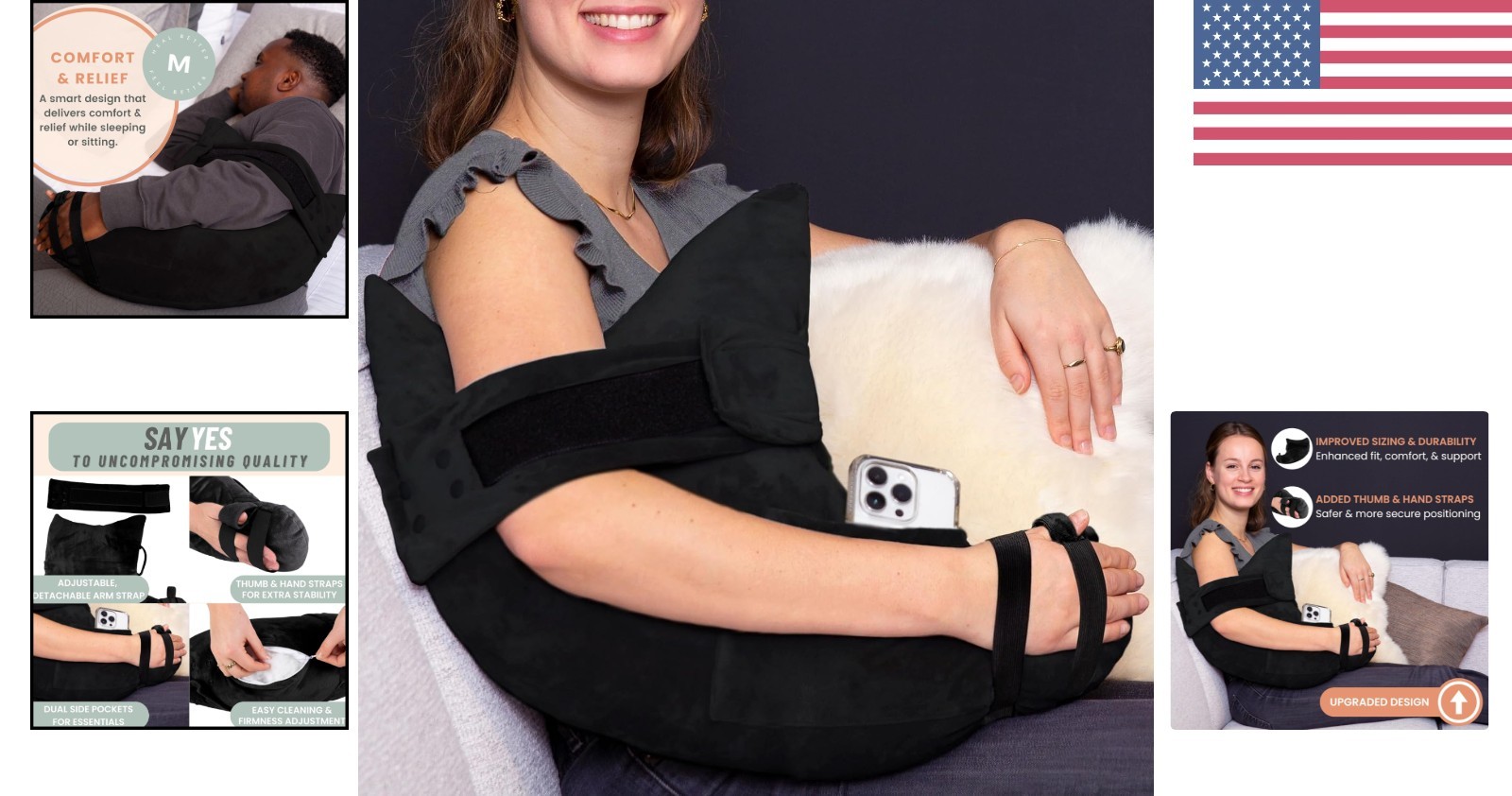 Charcoal Black Post-Surgery Pillow with Arm Support – Machine Washable & Firm