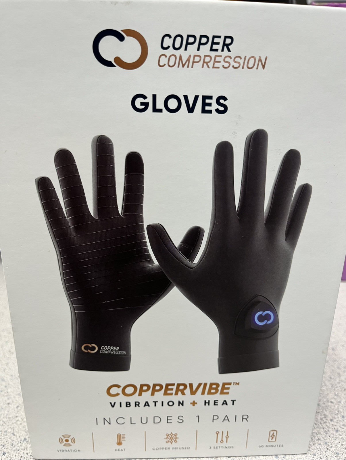 Copper Compression CopperVibe Vibration Heat Therapy Gloves Black (1 Pair)