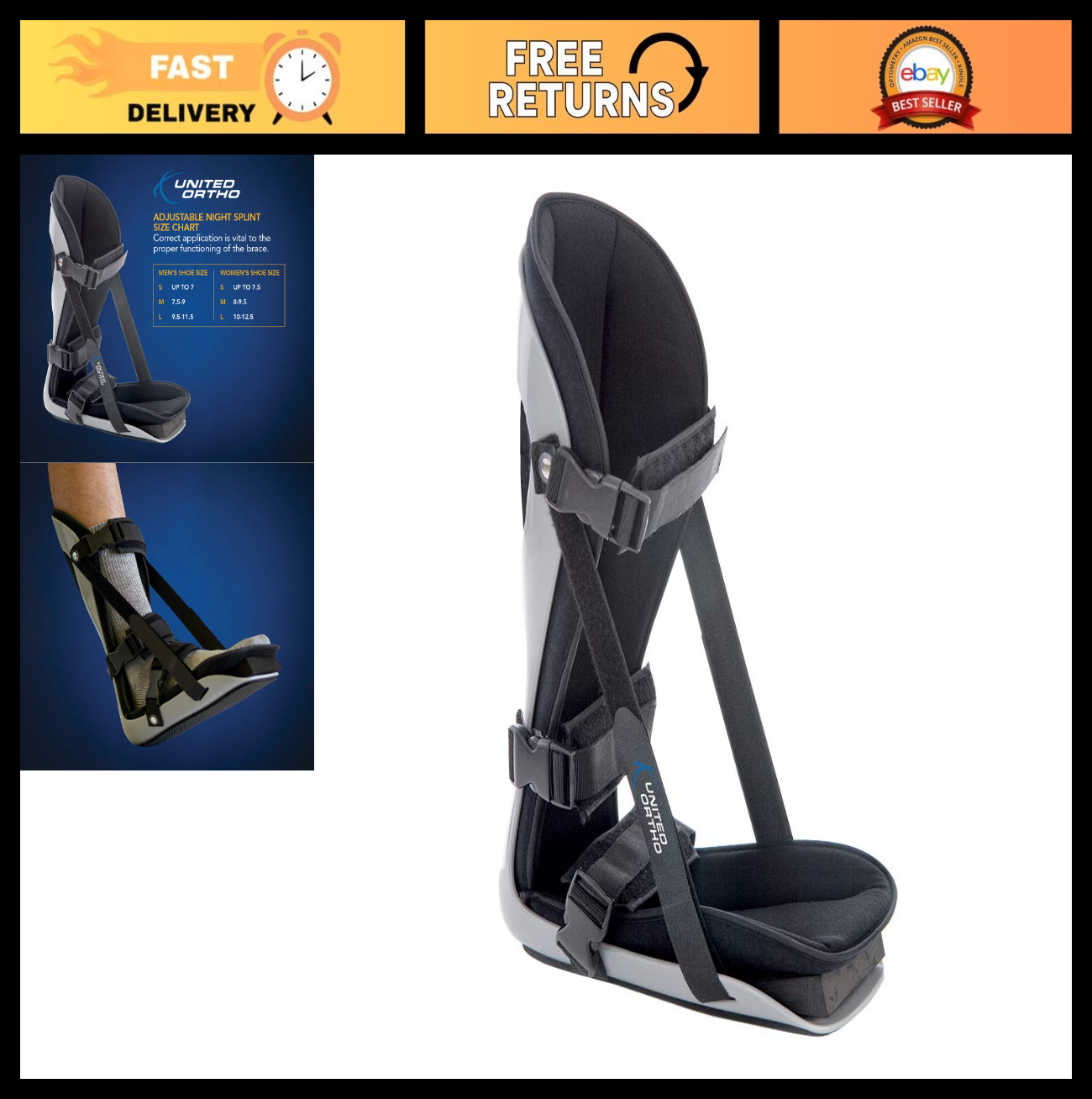 Adjustable Plantar Fasciitis Leg Support Brace for Right/Left Foot, Medium, Blac