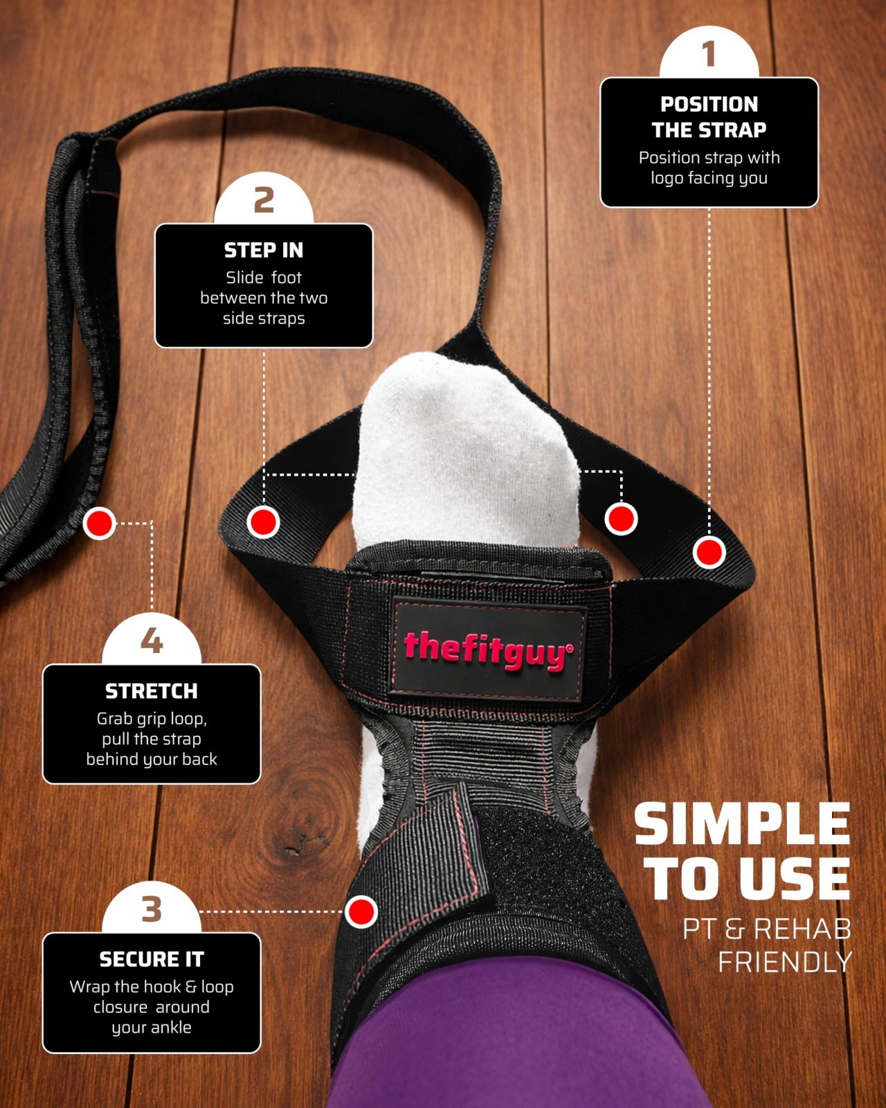 Quad Stretcher Strap with Ankle Support | 4-Loop Non-Elastic for Stretching, Yog