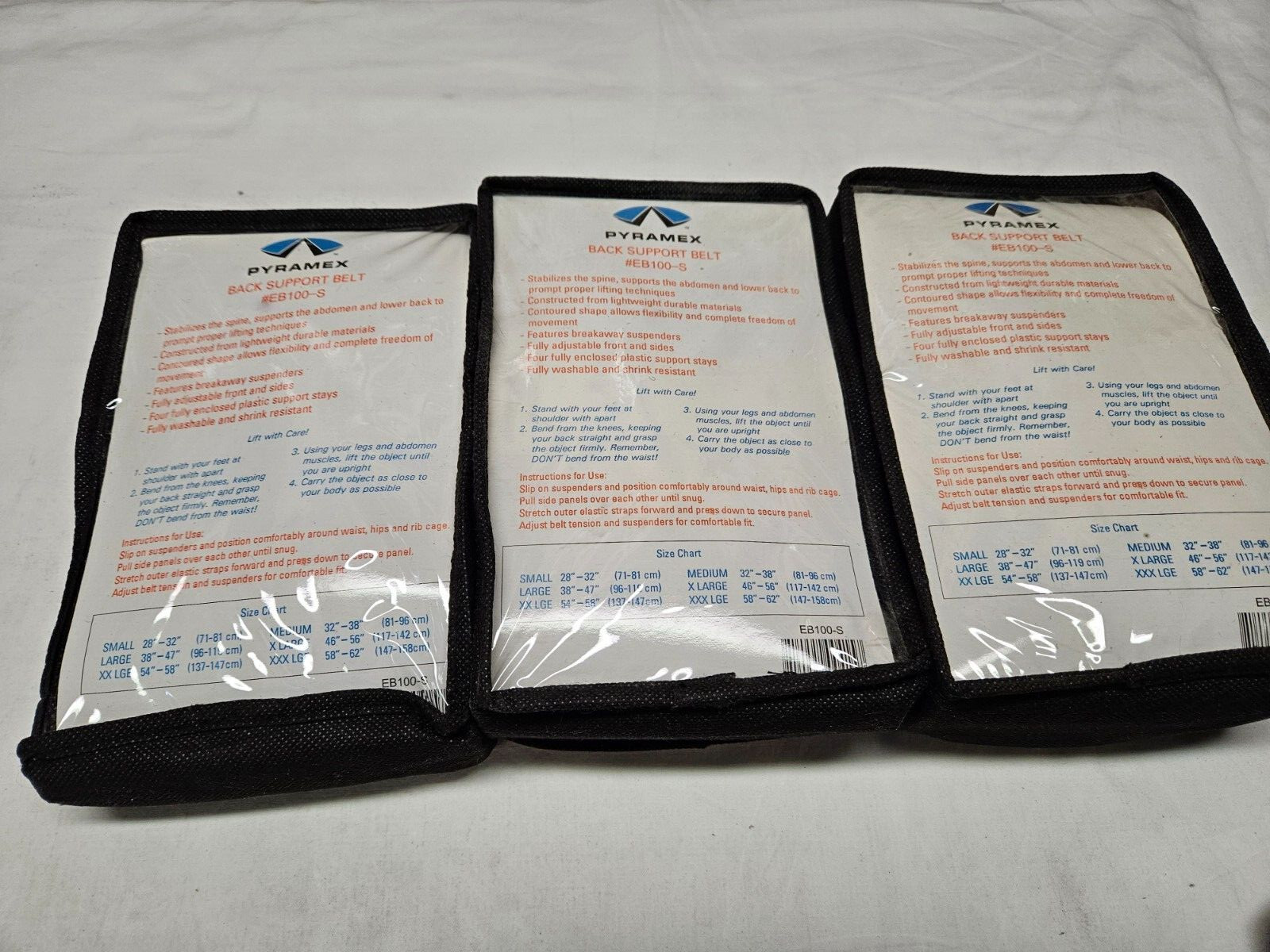 Pyramex Back Support Belt, EB100-S, Size Small, Lot of 3, Total Price $ 24.00
