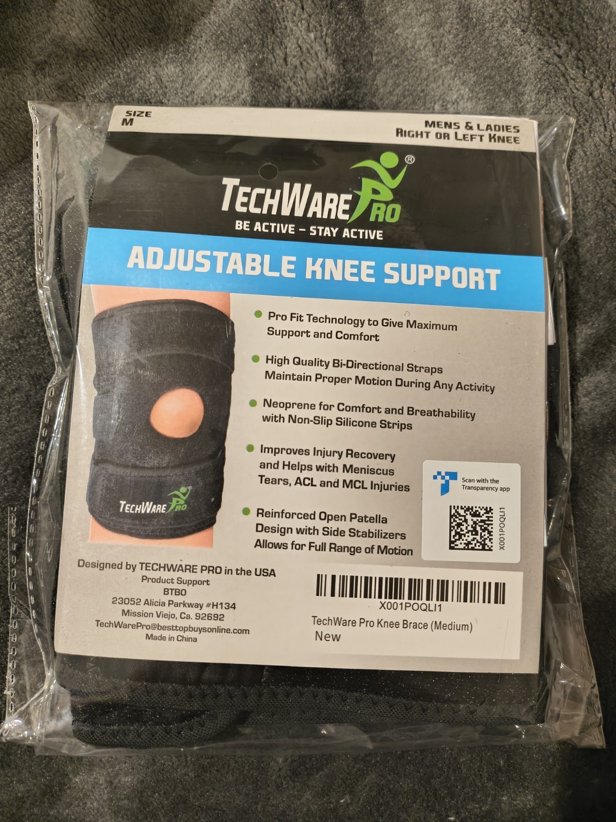 TechWare Pro Adjustable Non-Slip Open Patella Knee Brace Support Size M Black