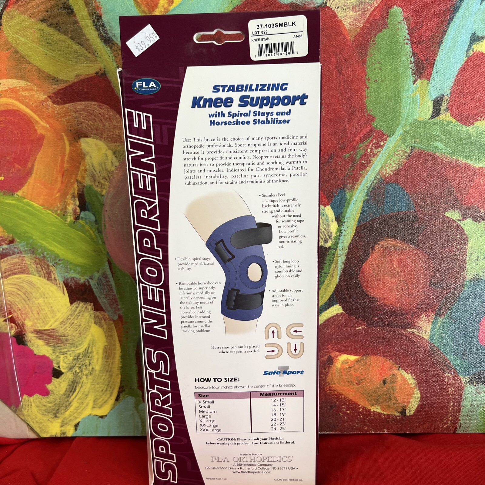 FLA Small Stabilizing Knee Support w/Spiral Stays & Horseshoe Stabilizer Blk NIB