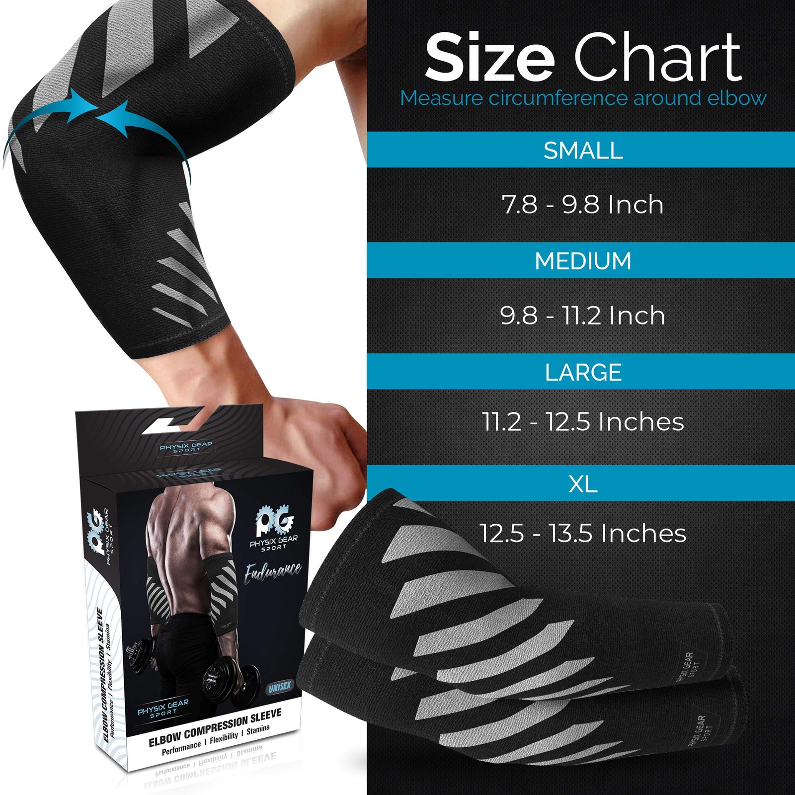 Physix Gear Workout Elbow Sleeves – Compression M, Grey/Black