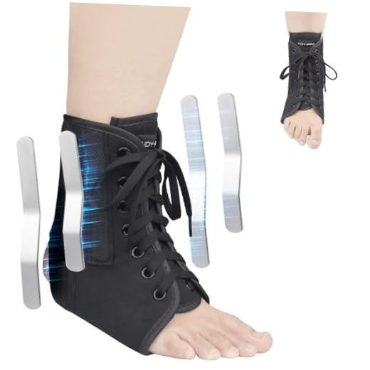 Lace Up Ankle Brace with Metal Side Stabilizers, Adjustable Lace-Up Large