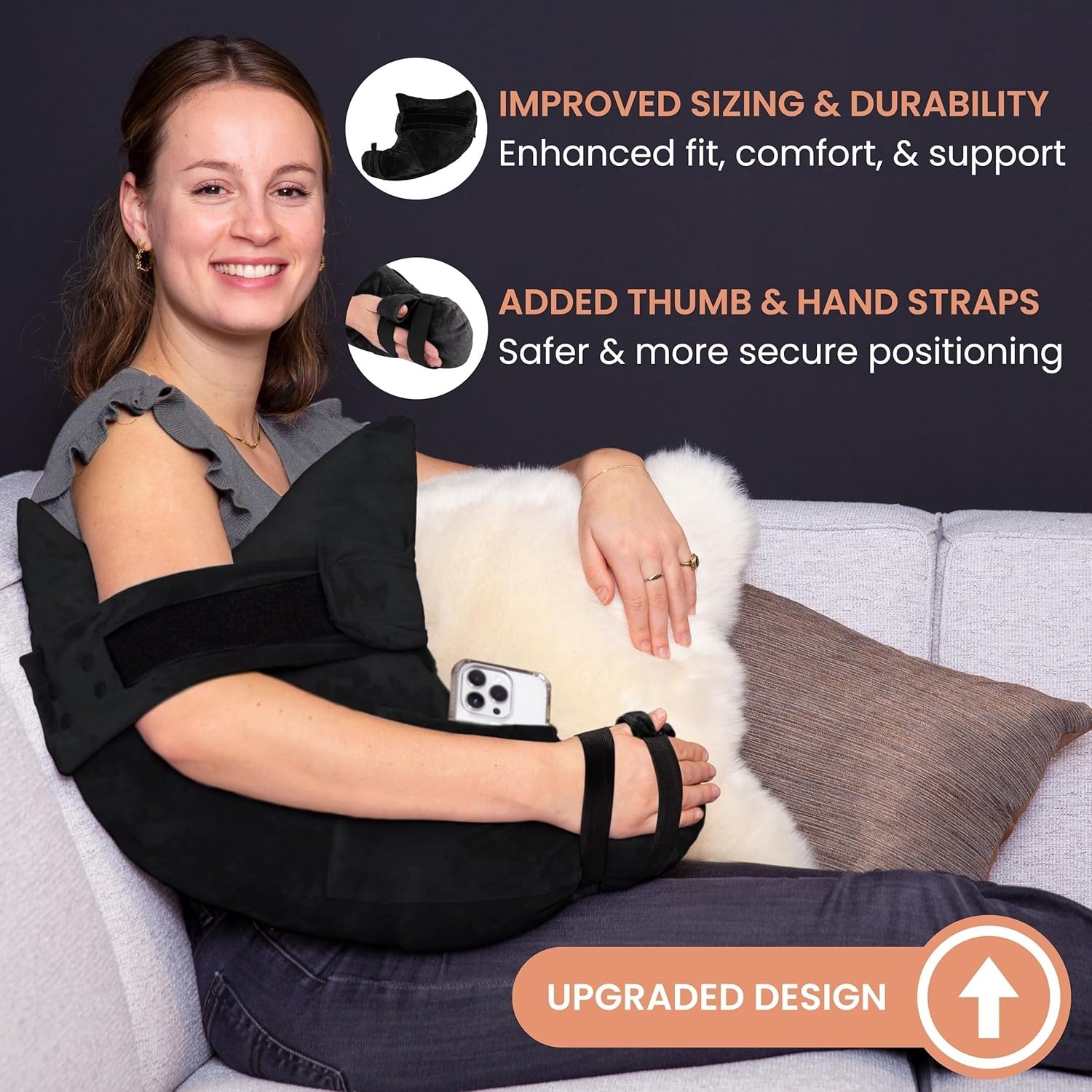Charcoal Black Post-Surgery Pillow with Arm Support – Machine Washable & Firm