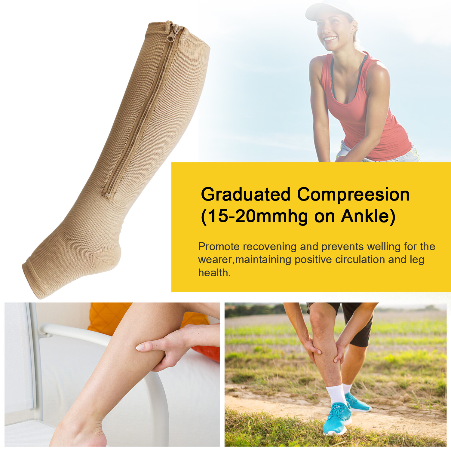 1-5 Pair Zippered Open Toe Compression Socks 20-30mmHg Calf Leg Support Stocking