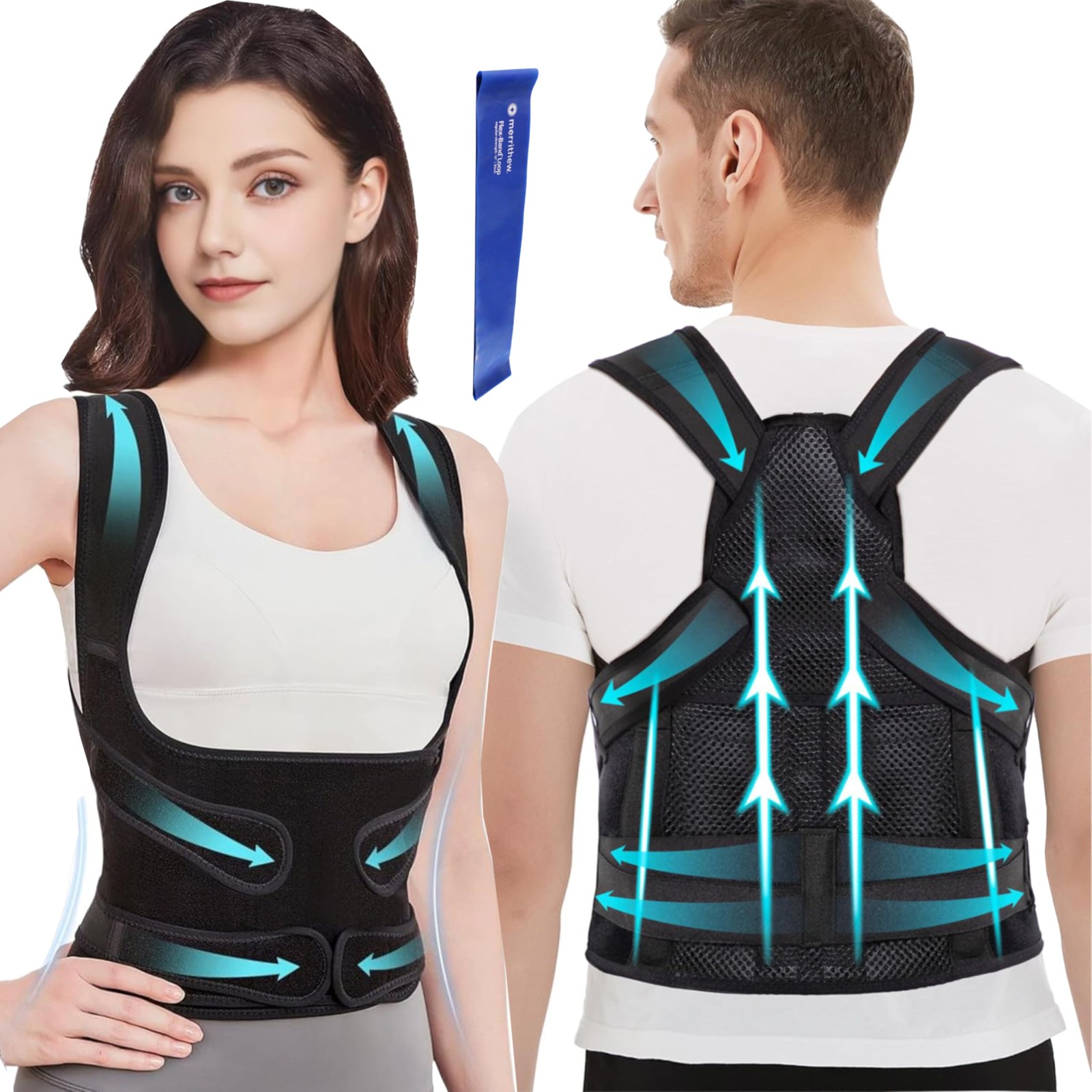 Posture Corrector for Women & Men with Resistance Band | Medium, Black