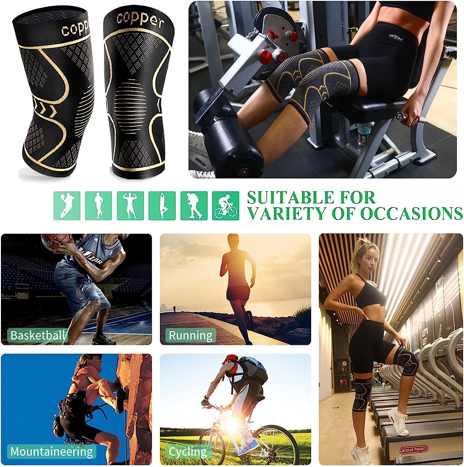 Copper Knee Brace Compression Sleeve Support Arthritis Sport Running Pain Relief