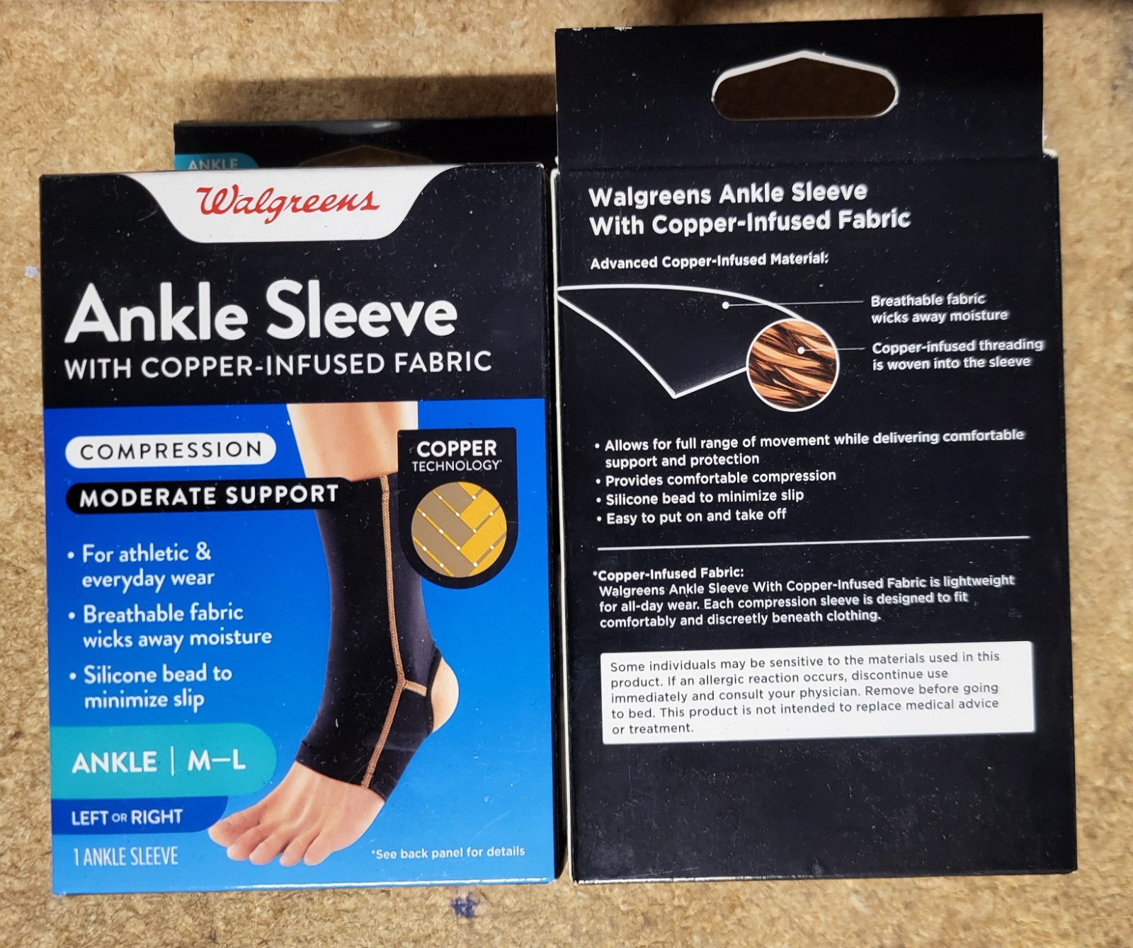 Lot of 2 Walgreens Ankle Sleeve, Copper Infused, Moderate Support M/L