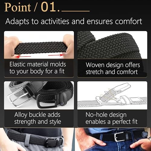 Elastic Braided Belt Waist Adjustable:36″-42″ (46″ Length) Blacka Black Buckle