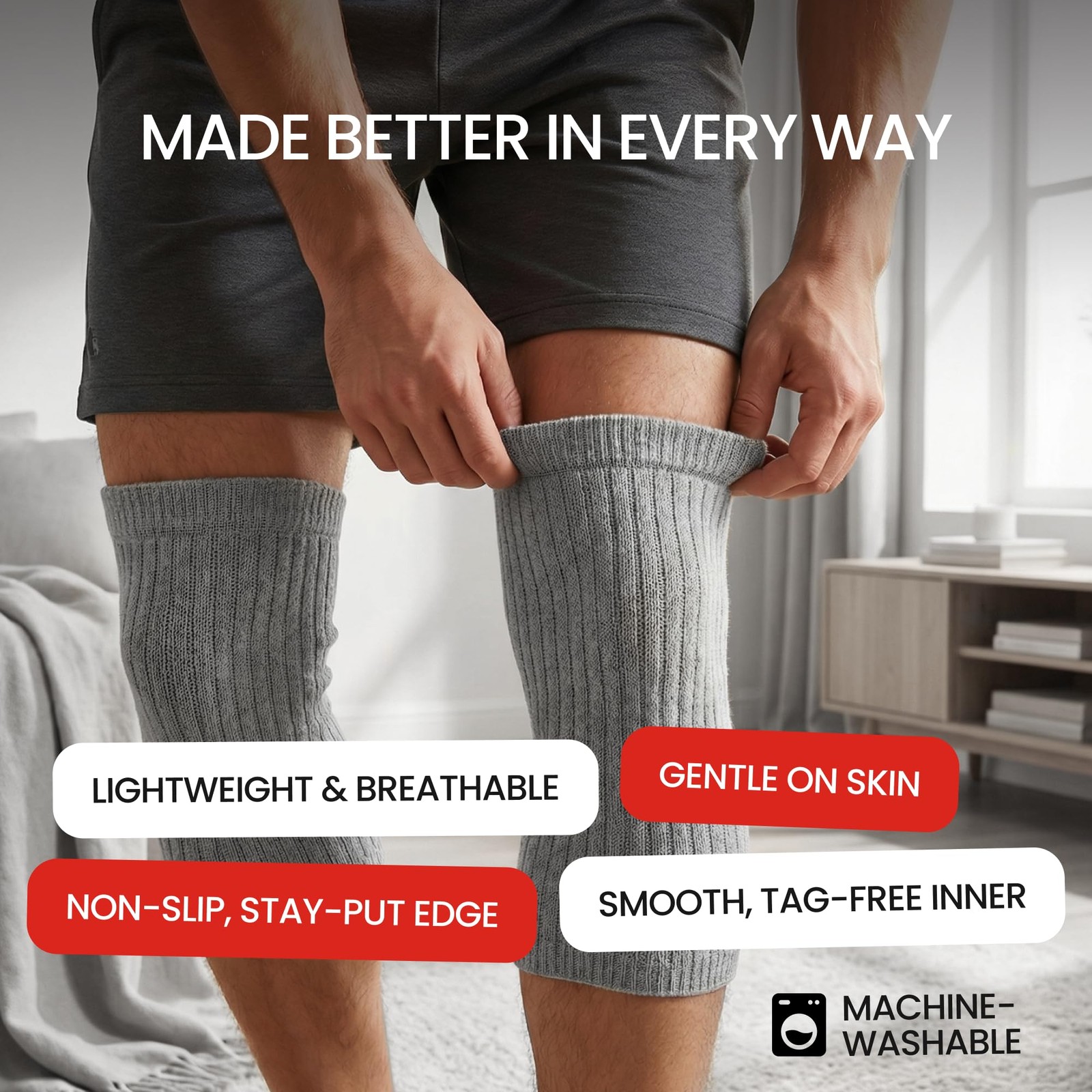 Cotton Knee Warmers Sleeves Women Men Arthritis Joint Support Grey Soft Sleep