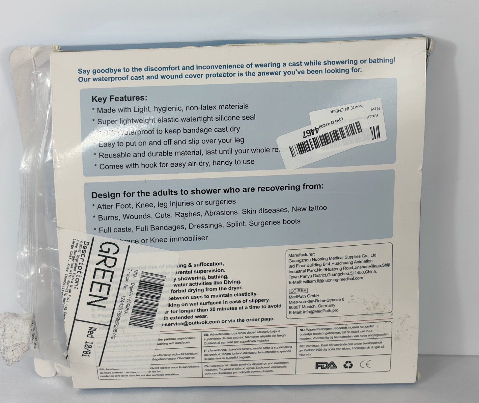 Yunchi waterproof leg cast latex free easy on off, shower, reusable