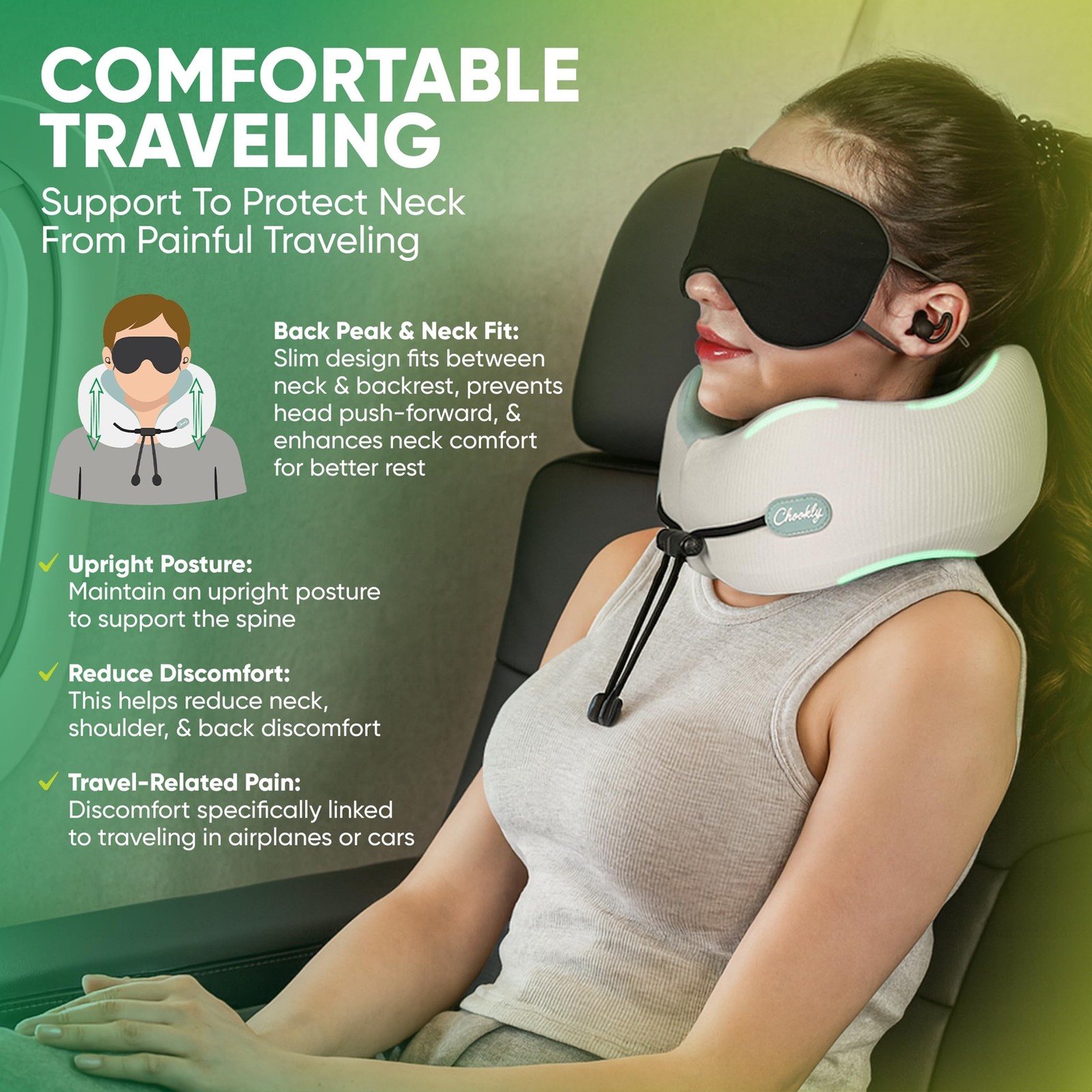 Memory Foam Travel Neck Pillow for Airplane Travel, Head and Chin Support, Ad…