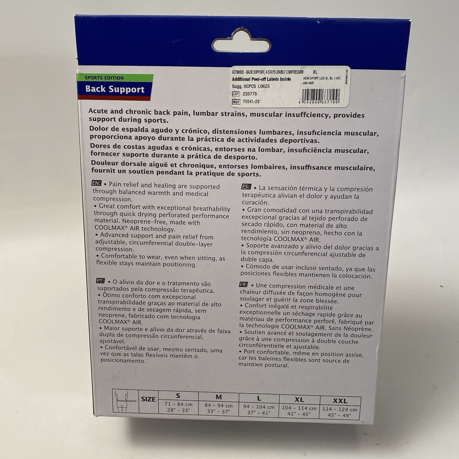 Back Support Size XL Adjustable Double Layer Compression Black Actimove XLarge