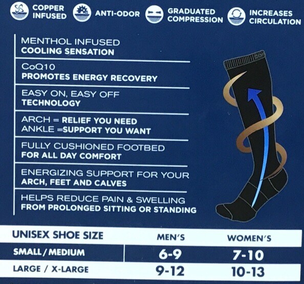 Copper Fit Ice Compression Socks Menthol Infused Black L/XL