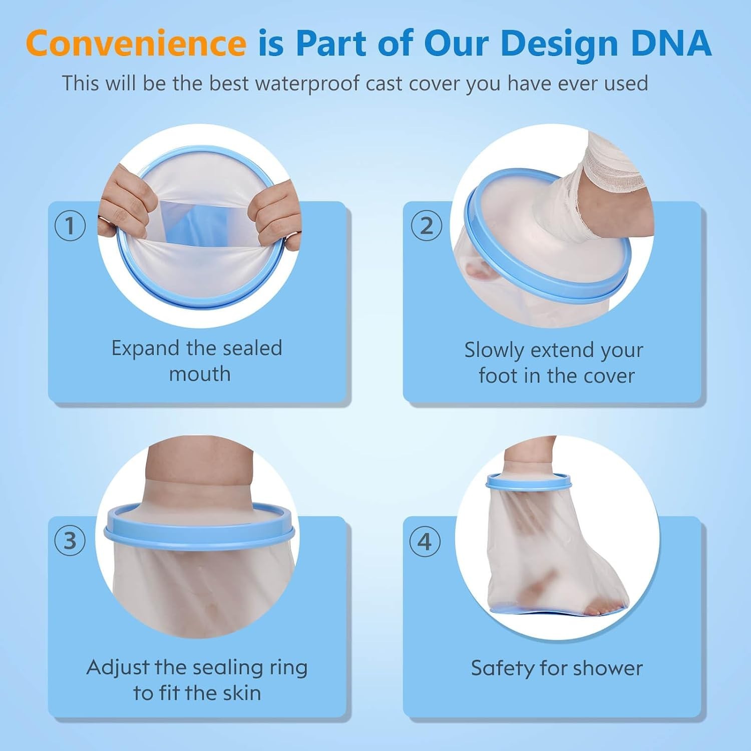 100% Waterproof Leg Cast Cover for Shower with Non-Slip Bottom Reusable Shower