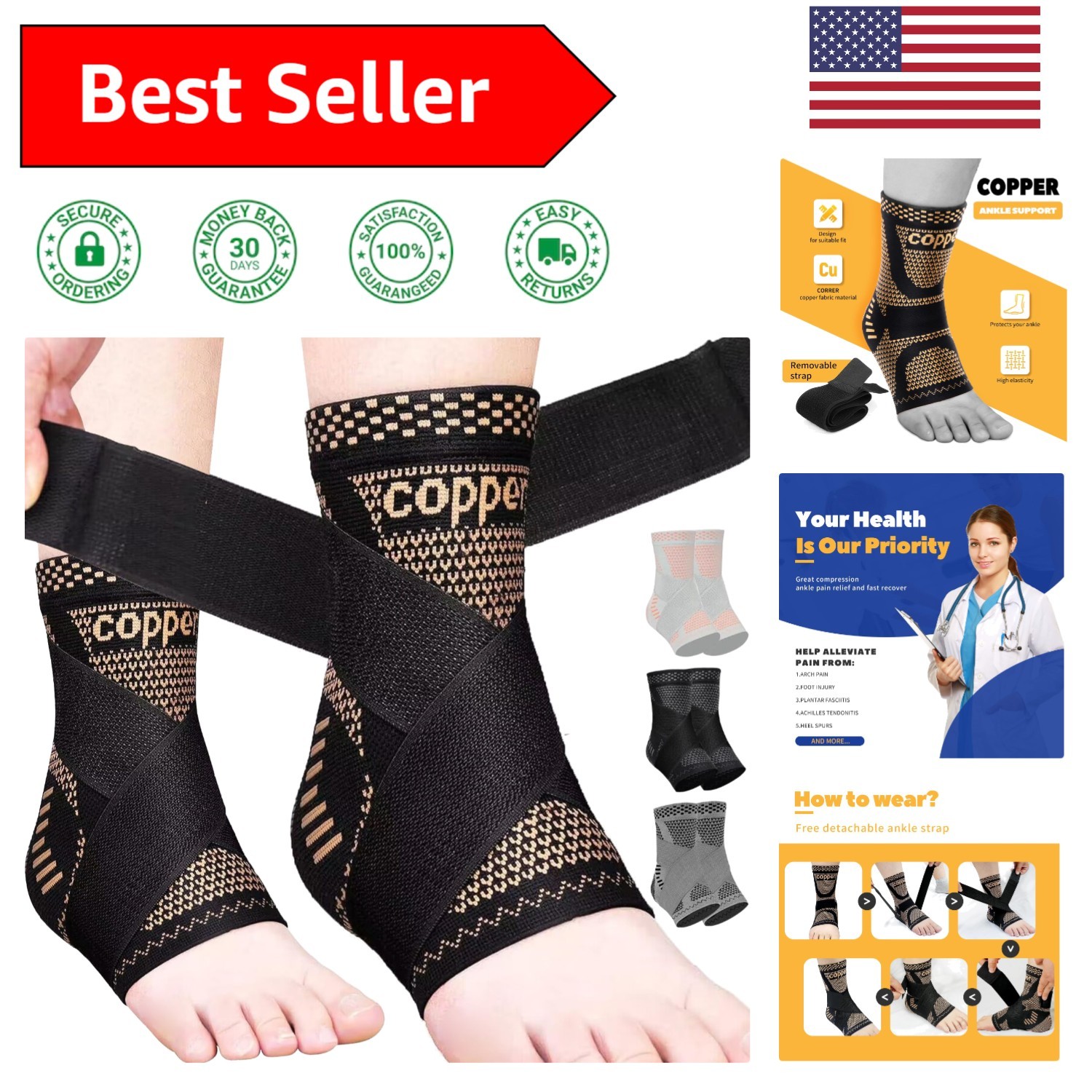 Copper Ankle Brace – Adjustable Compression Sleeve for Pain Relief – Large Size