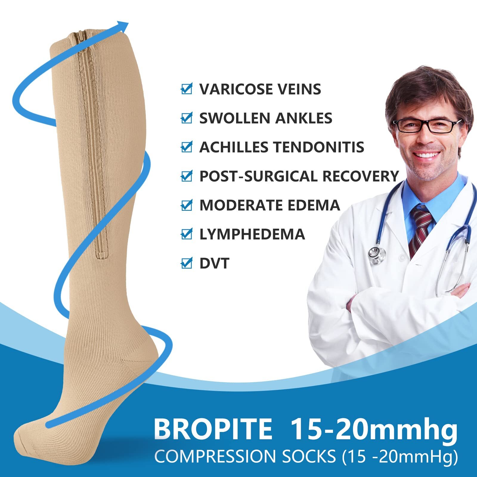 2 Pairs Zipper Compression Stockings 15-20mmHg for Walking Running, Small-Medium